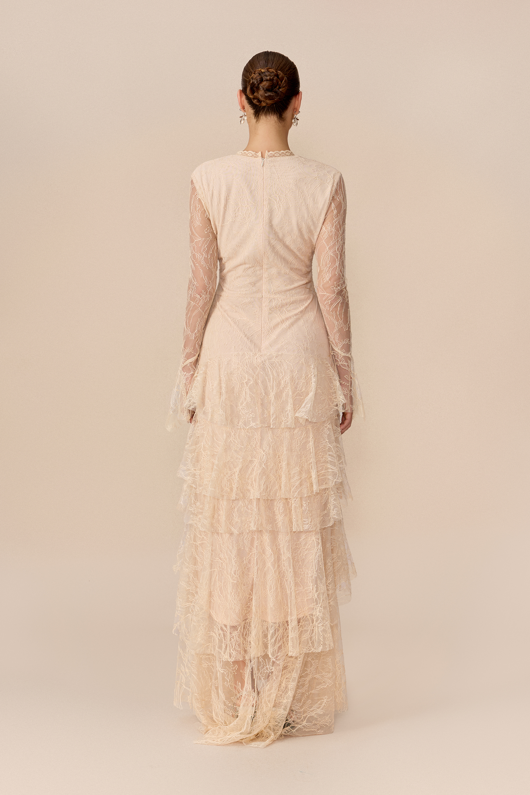 Feel The Moment Beige Sheer Lace Tiered Ruffle Maxi Dress