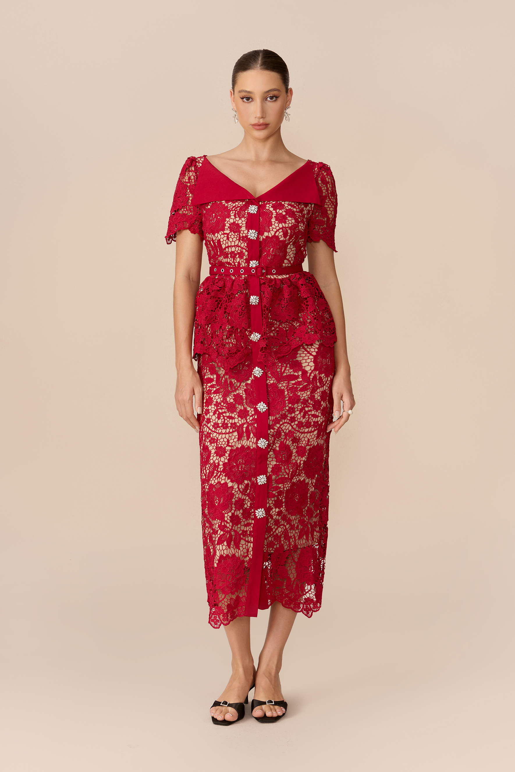 Date Night Beauty Burgundy Floral Lace V-neck Midi Dress