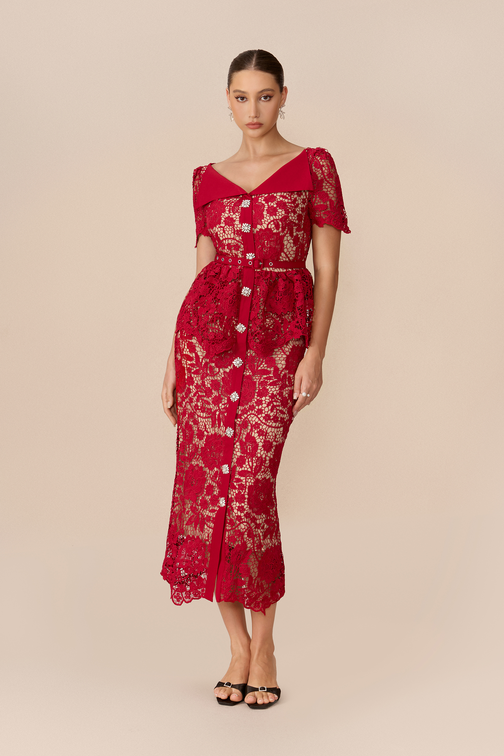 Date Night Beauty Burgundy Floral Lace V-neck Midi Dress