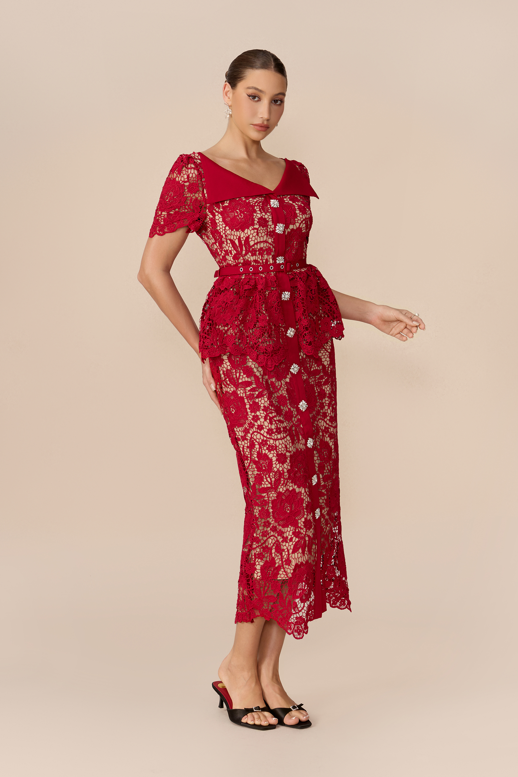 Date Night Beauty Burgundy Floral Lace V-neck Midi Dress