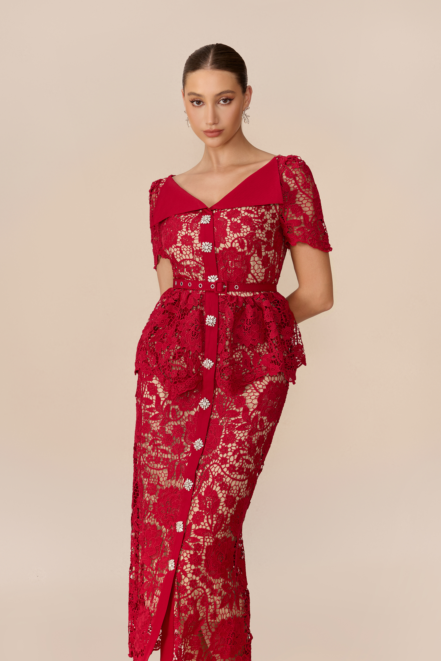 Date Night Beauty Burgundy Floral Lace V-neck Midi Dress