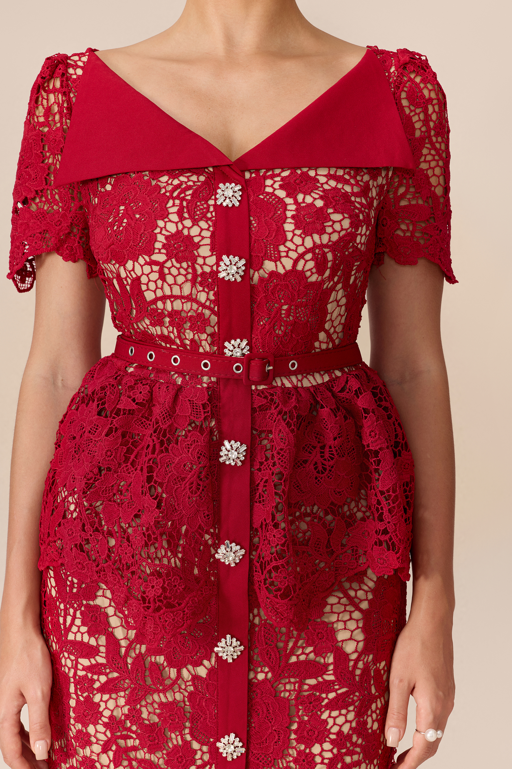 Date Night Beauty Burgundy Floral Lace V-neck Midi Dress