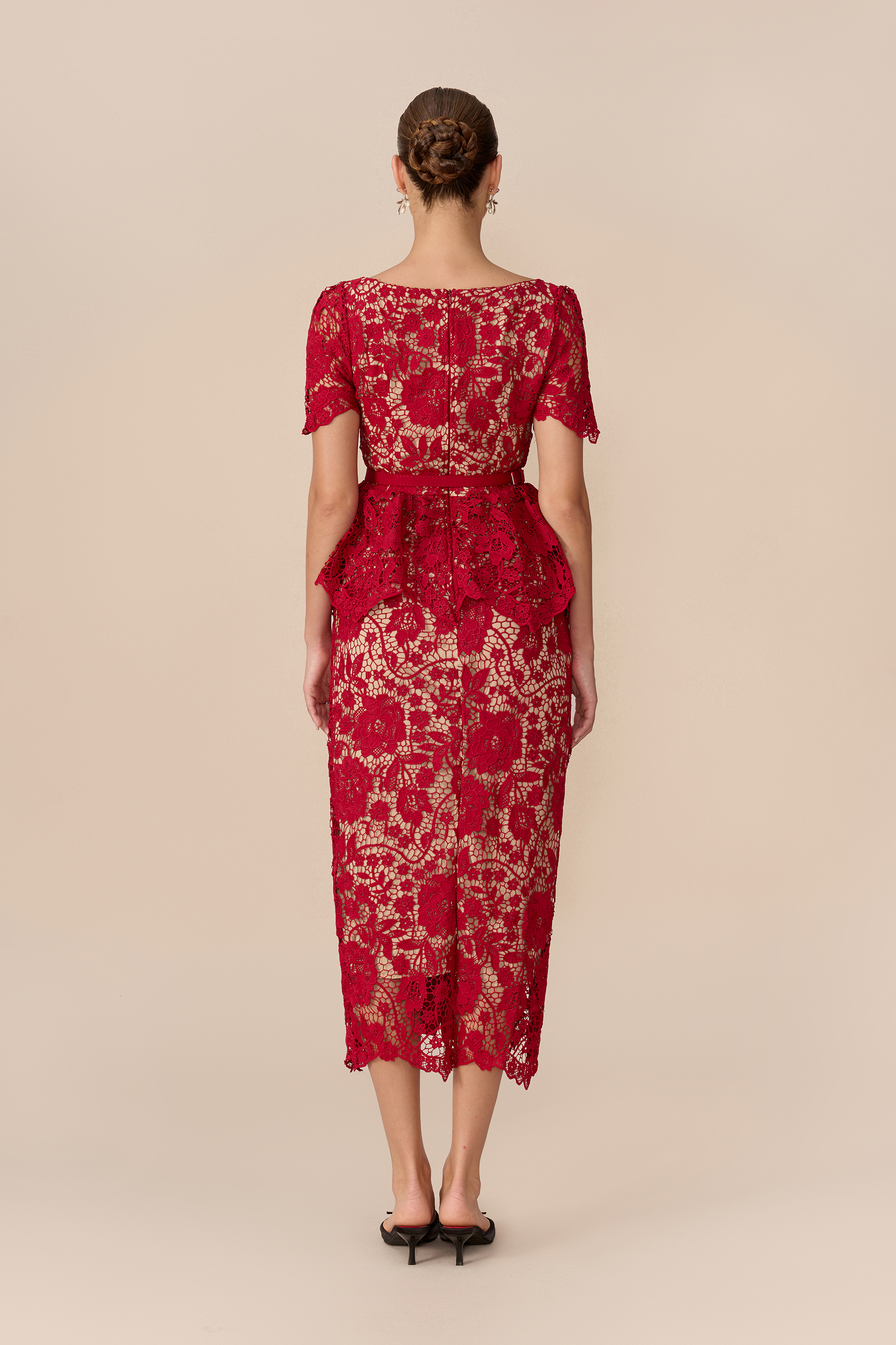 Date Night Beauty Burgundy Floral Lace V-neck Midi Dress