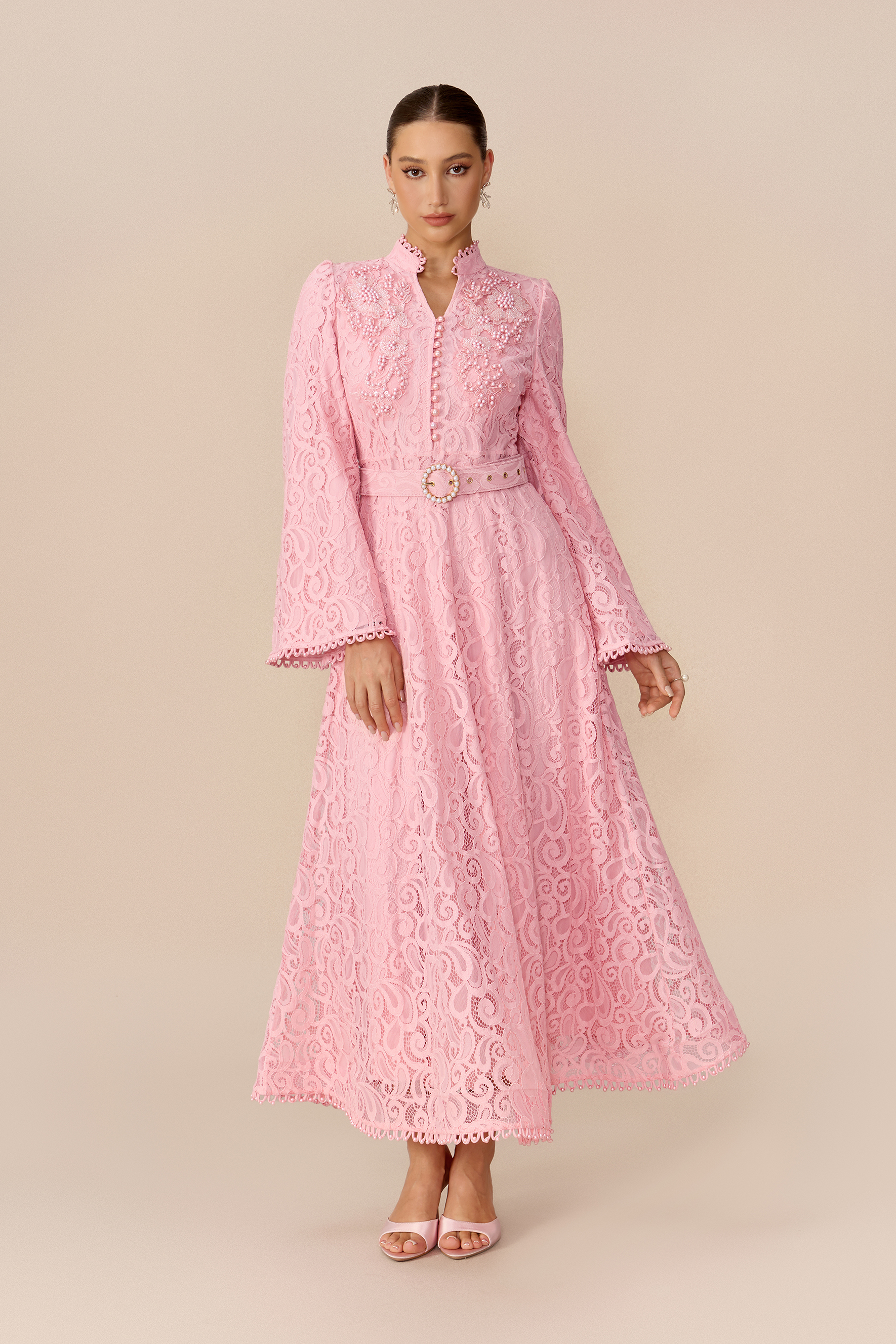 Special Occasion Pink Floral Lace Pearl Embellished Belted Maxi Dress