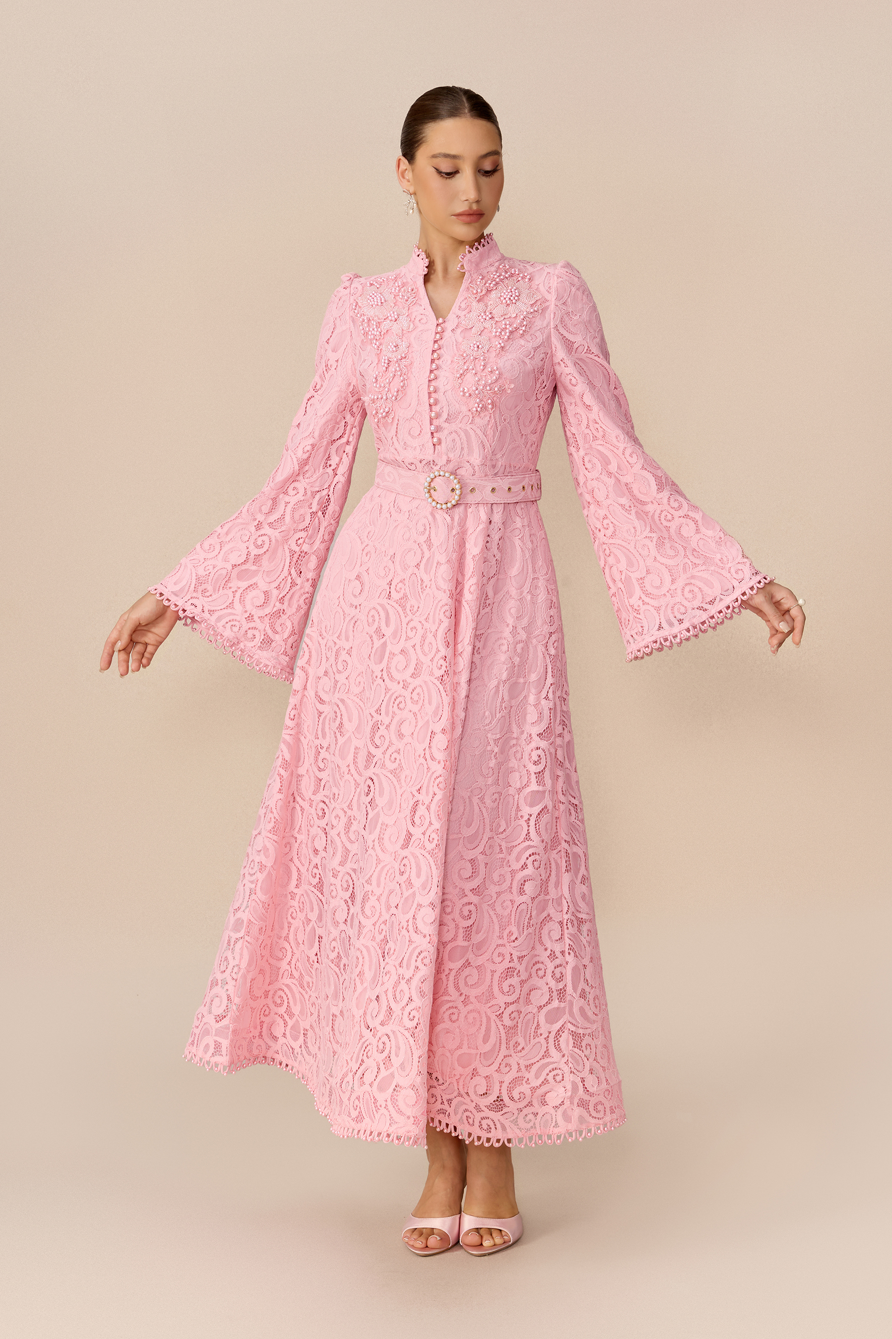 Special Occasion Pink Floral Lace Pearl Embellished Belted Maxi Dress