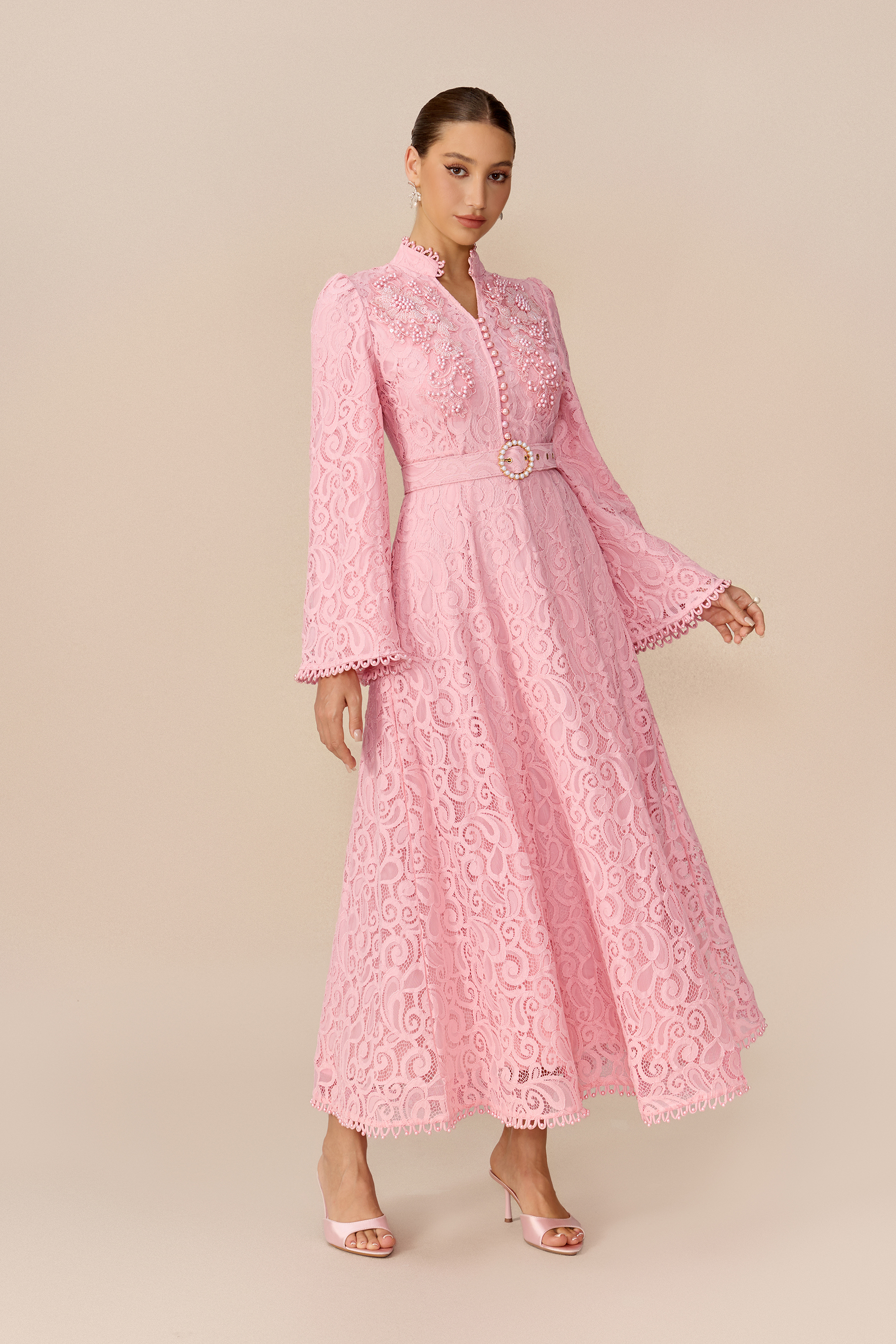 Special Occasion Pink Floral Lace Pearl Embellished Belted Maxi Dress