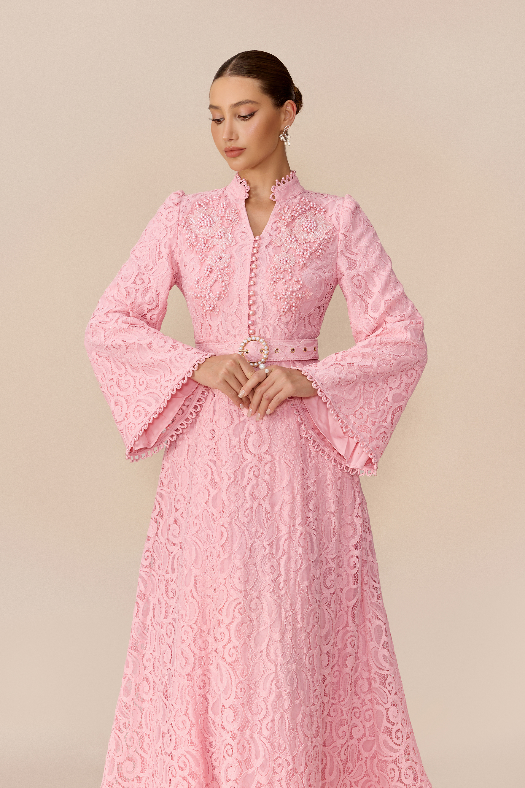 Special Occasion Pink Floral Lace Pearl Embellished Belted Maxi Dress