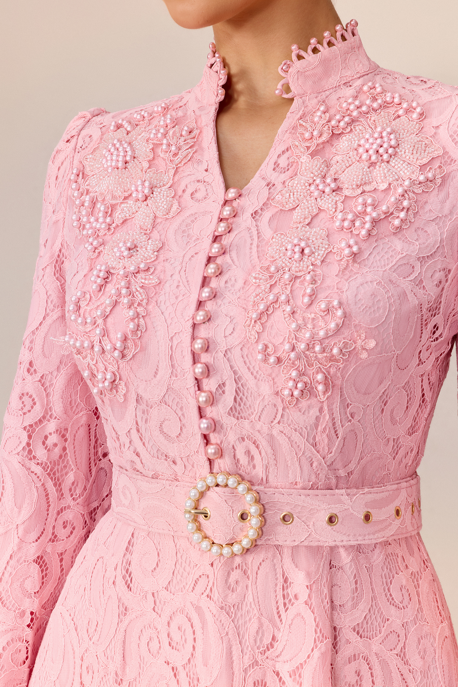 Special Occasion Pink Floral Lace Pearl Embellished Belted Maxi Dress