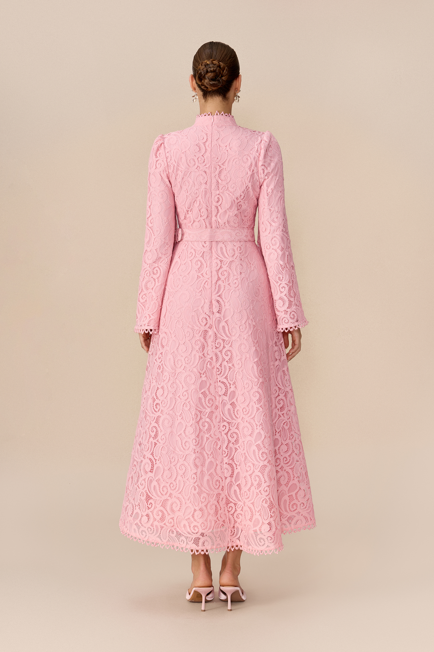 Special Occasion Pink Floral Lace Pearl Embellished Belted Maxi Dress