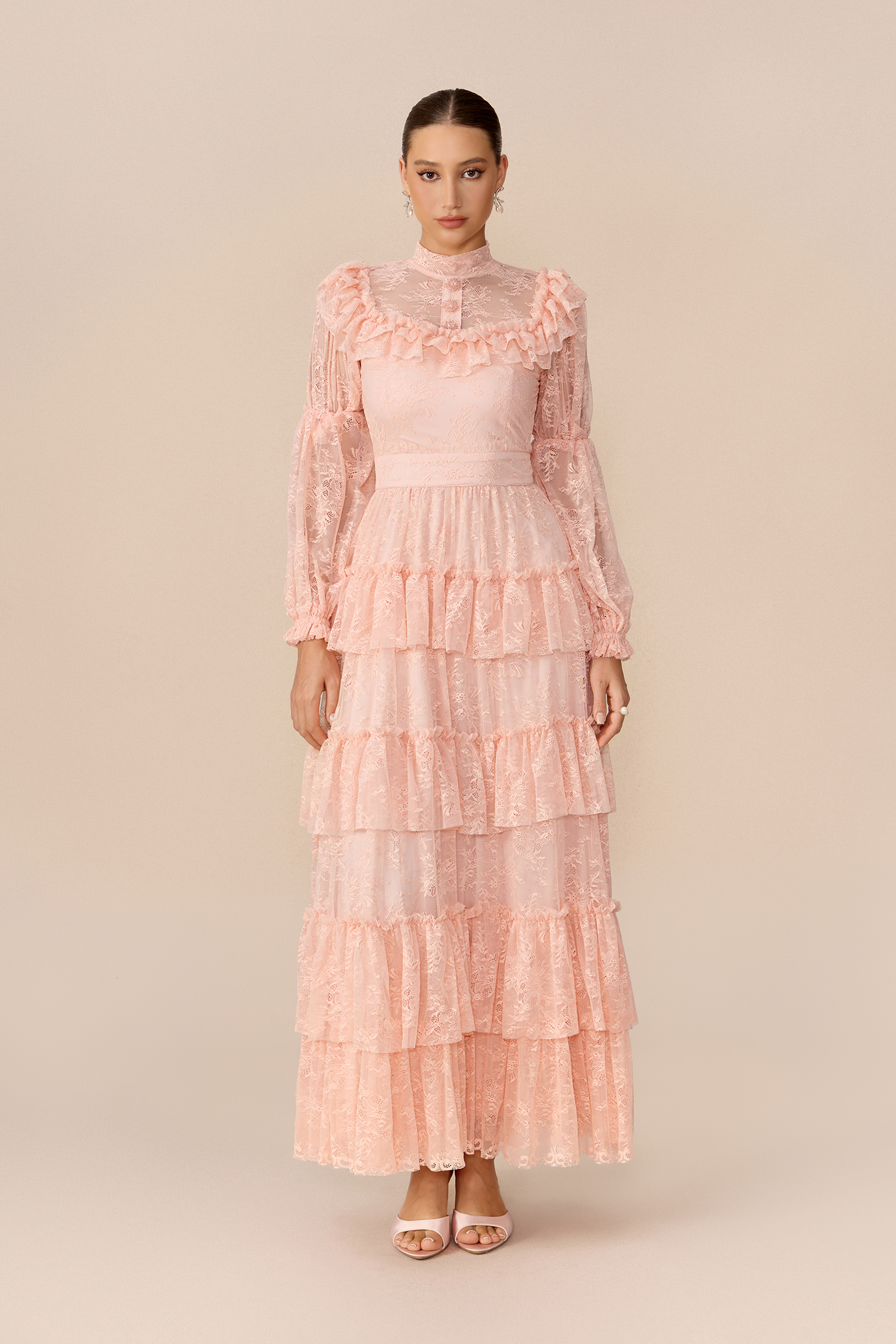 Little Romance Pink Floral Lace Puff Sleeve Maxi Dress