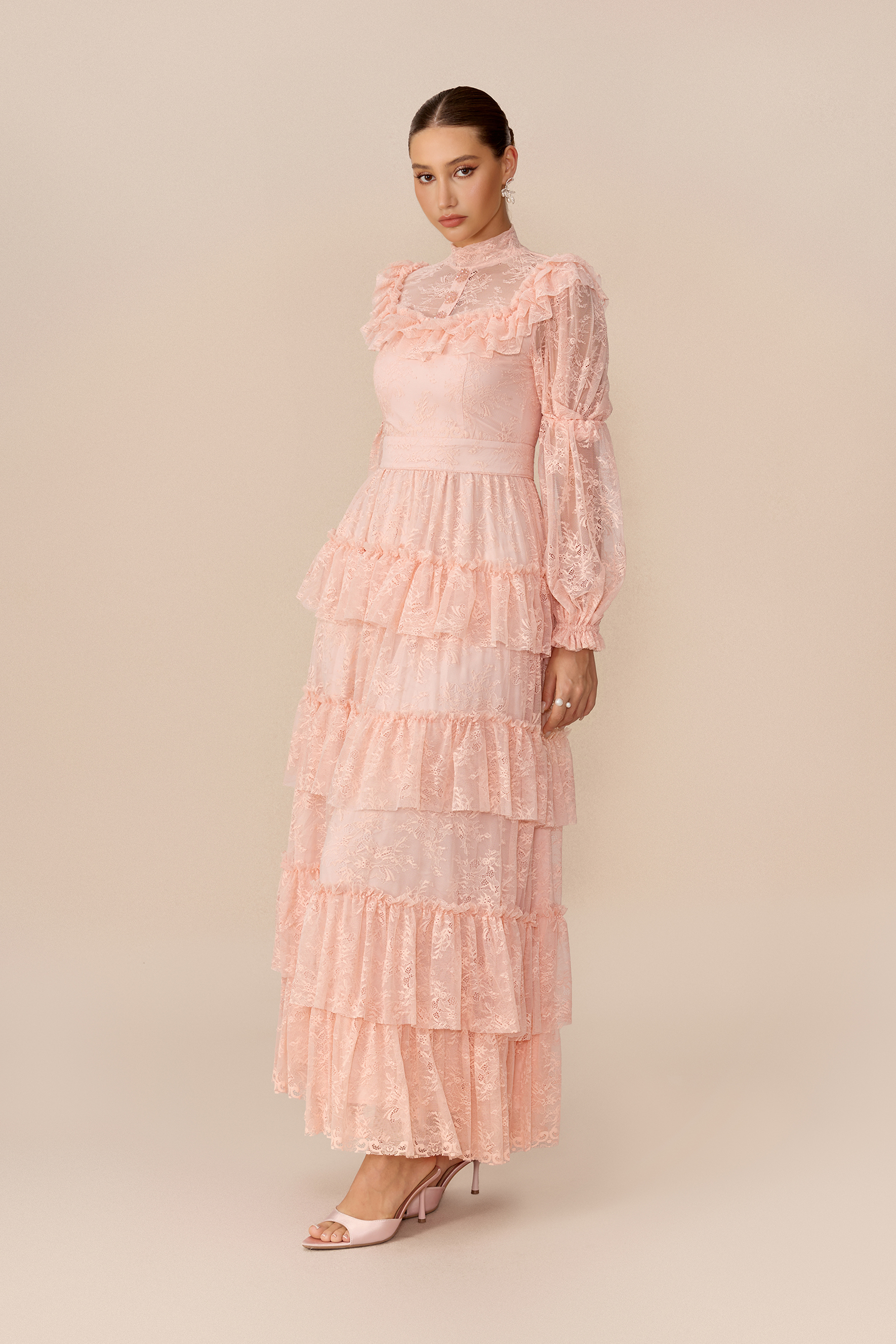 Little Romance Pink Floral Lace Puff Sleeve Maxi Dress