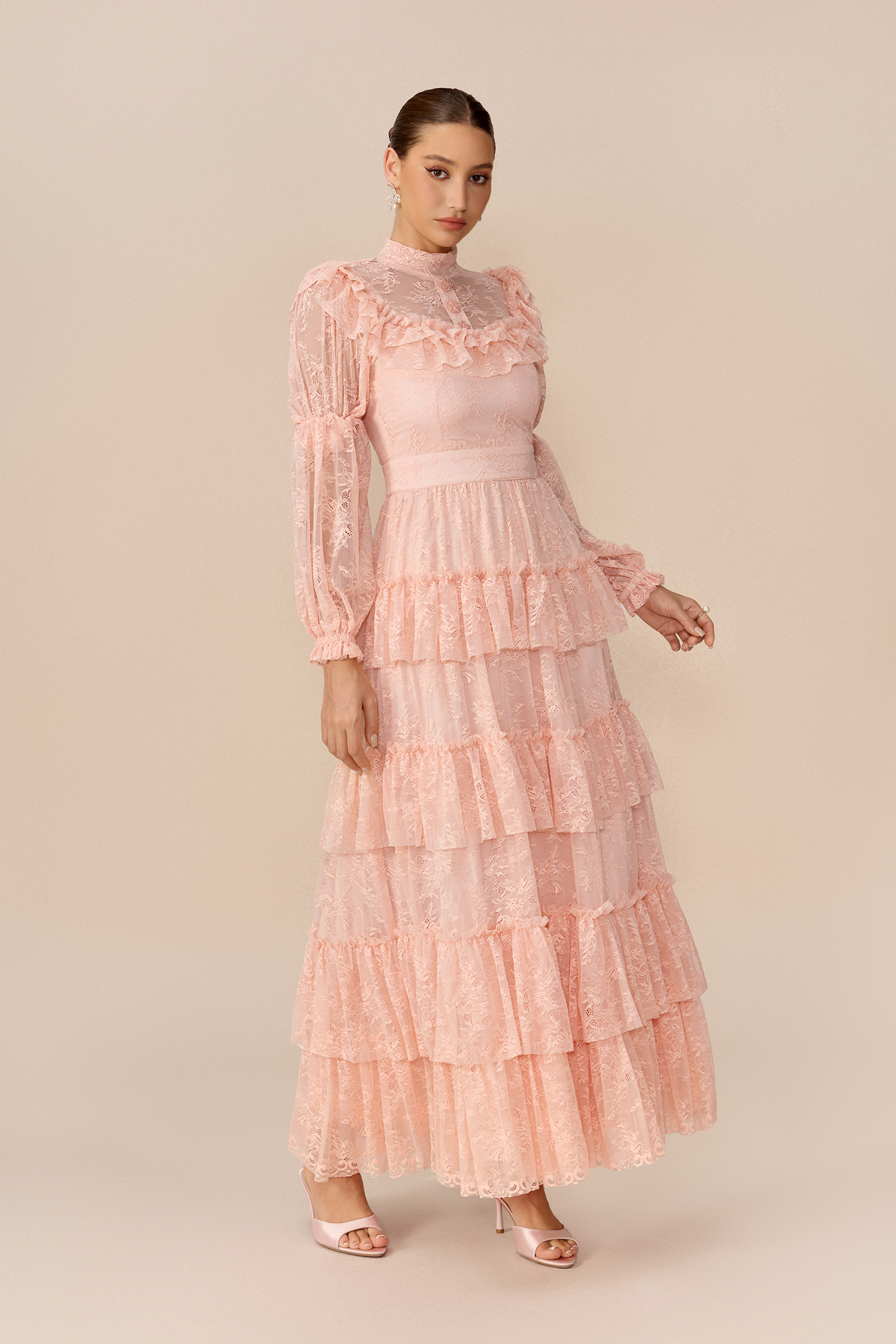 Little Romance Pink Floral Lace Puff Sleeve Maxi Dress