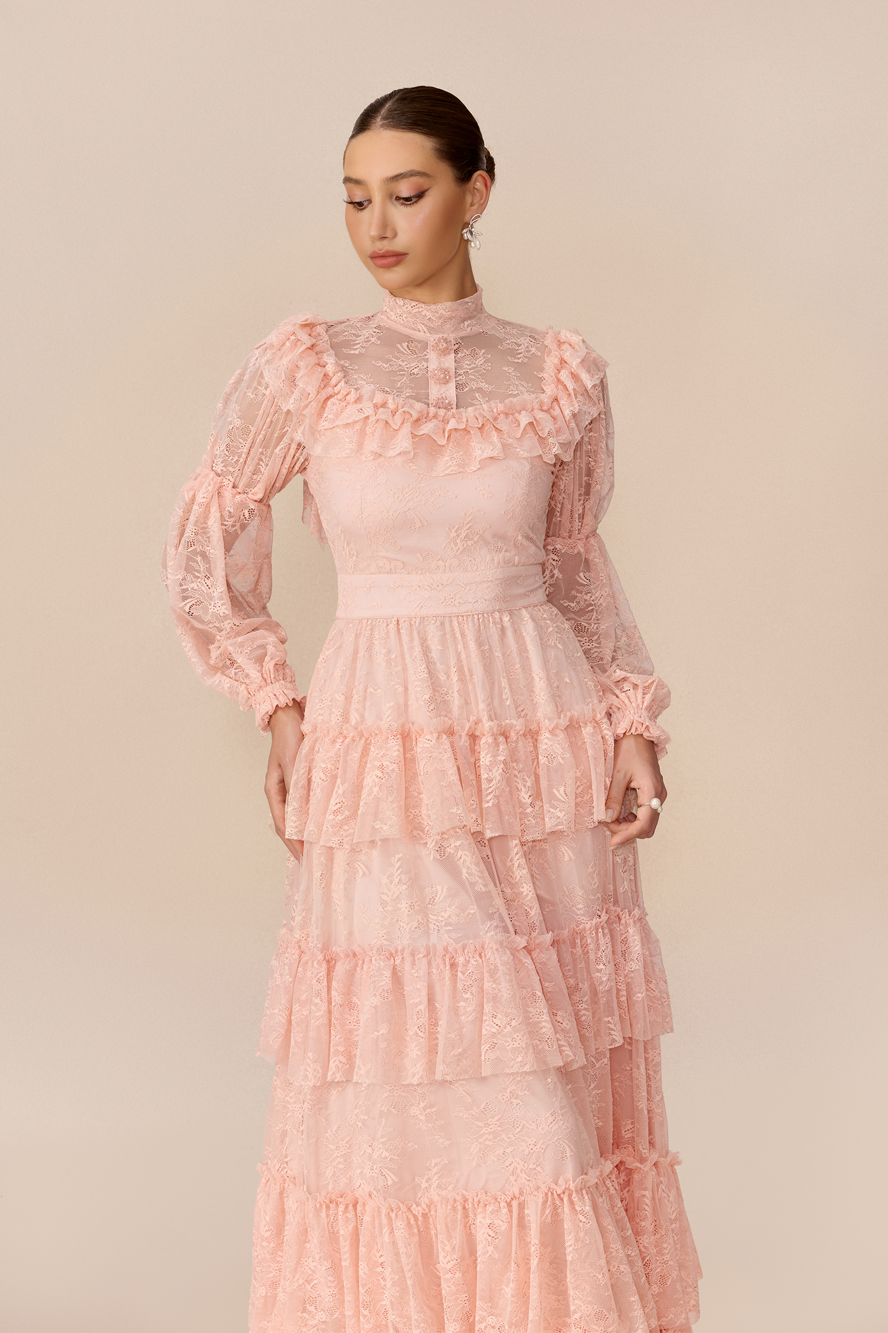 Little Romance Pink Floral Lace Puff Sleeve Maxi Dress