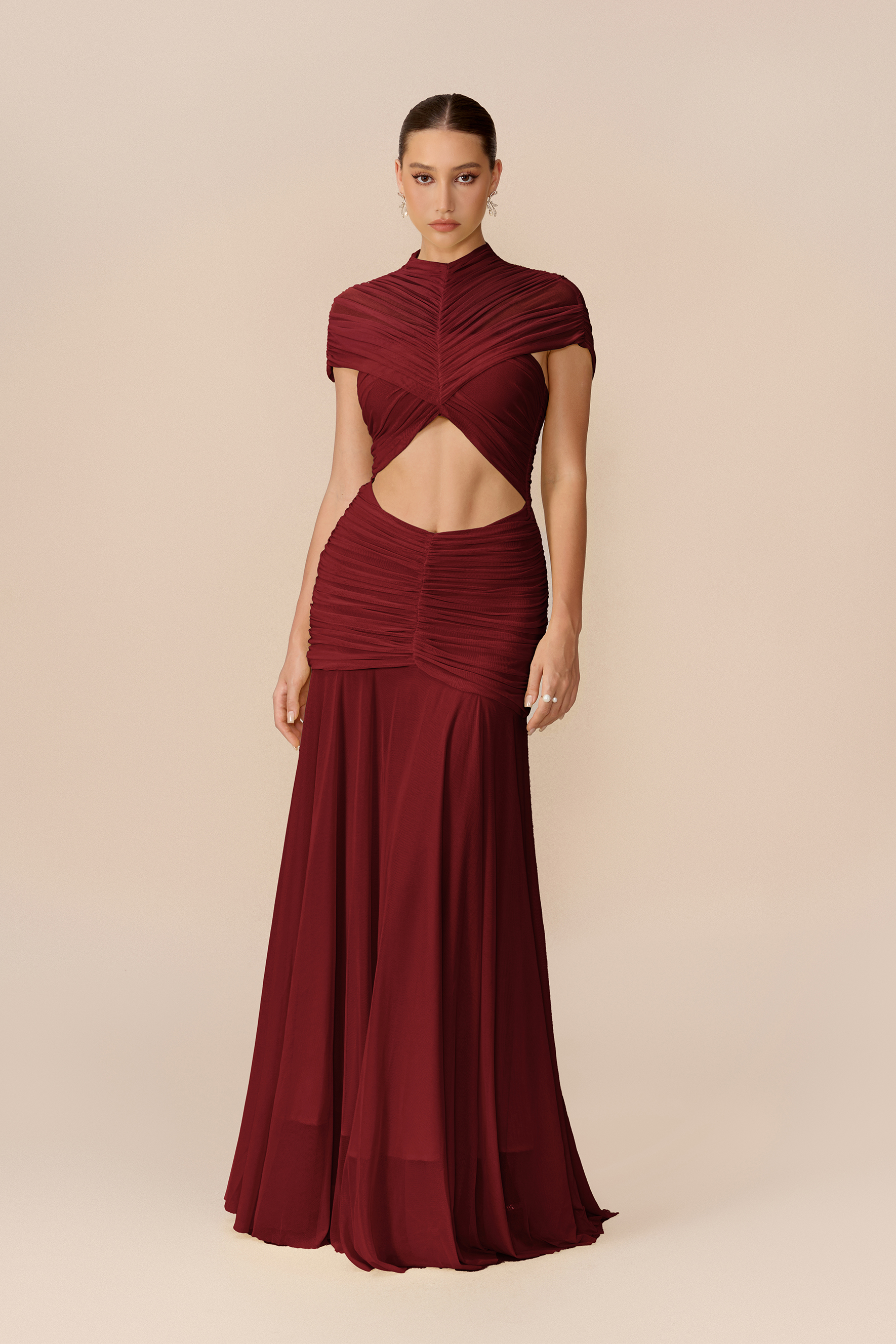 Out Of The Ordinary Burgundy Cap Sleeve Cutout Maxi Dress