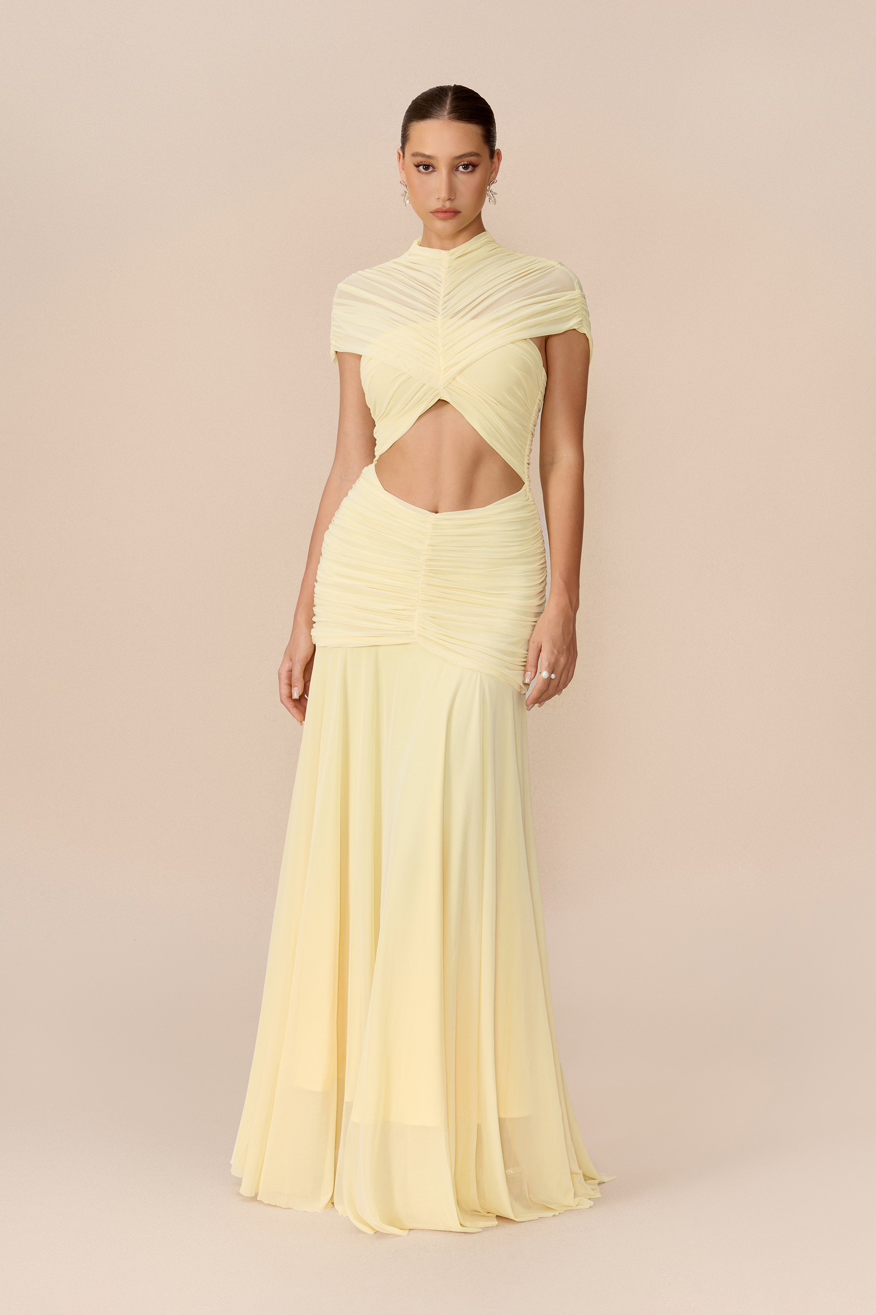 Out Of The Ordinary Light Yellow Cap Sleeve Cutout Maxi Dress