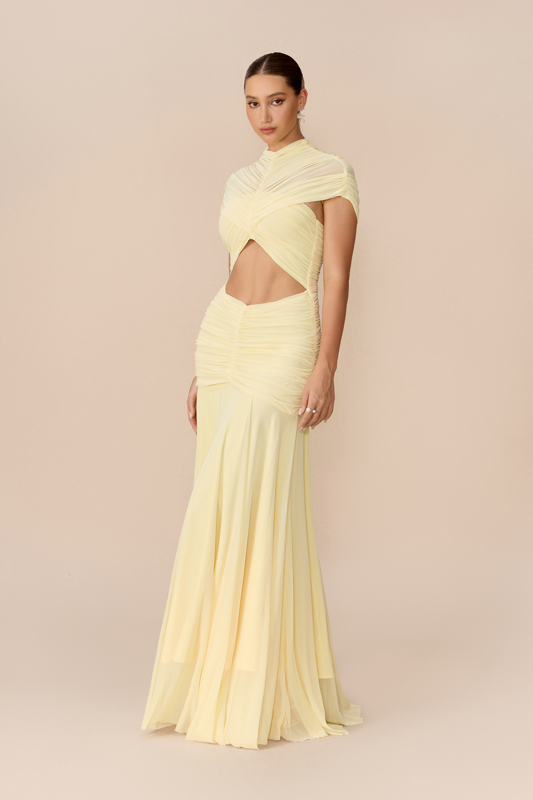 Out Of The Ordinary Light Yellow Cap Sleeve Cutout Maxi Dress