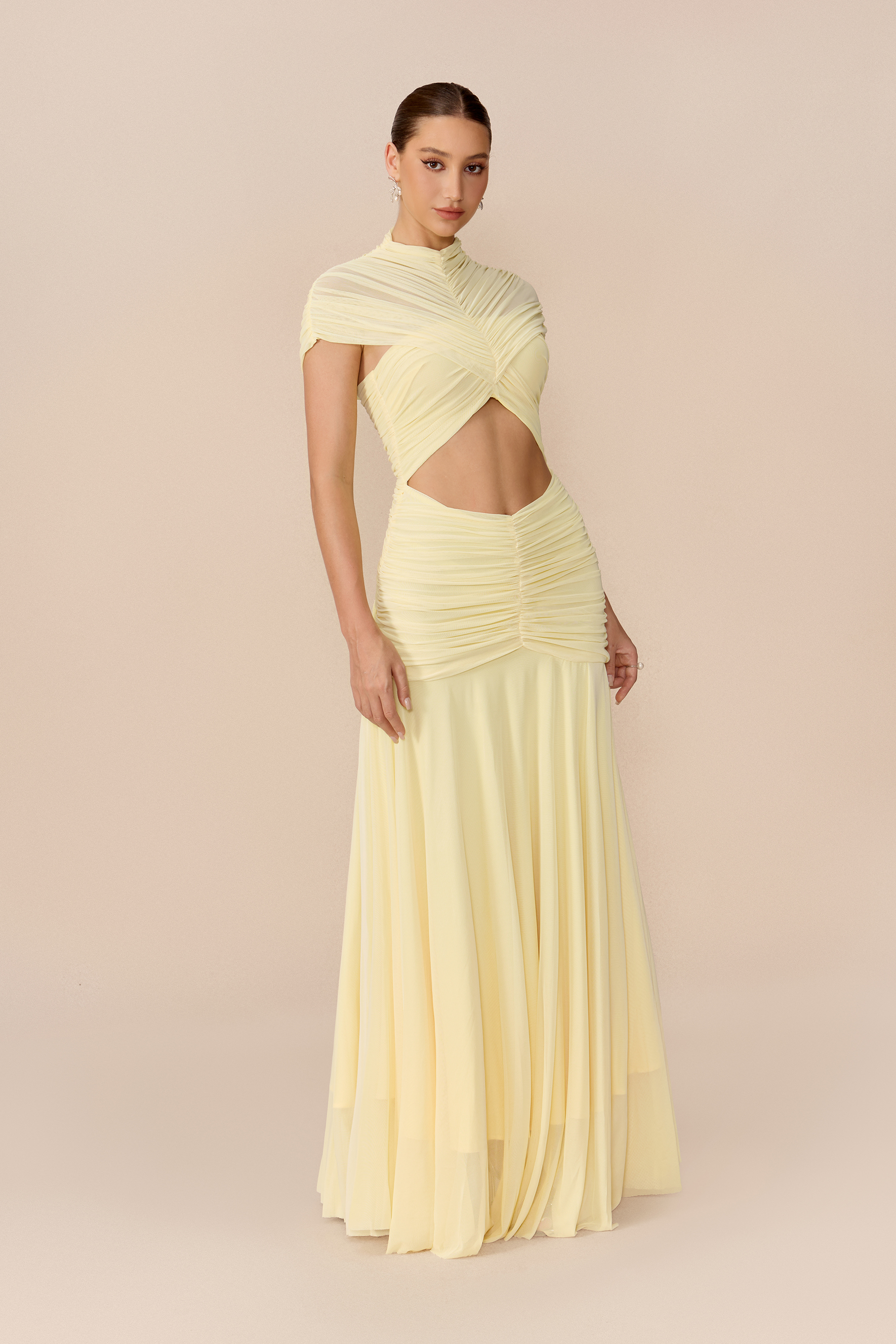 Out Of The Ordinary Light Yellow Cap Sleeve Cutout Maxi Dress