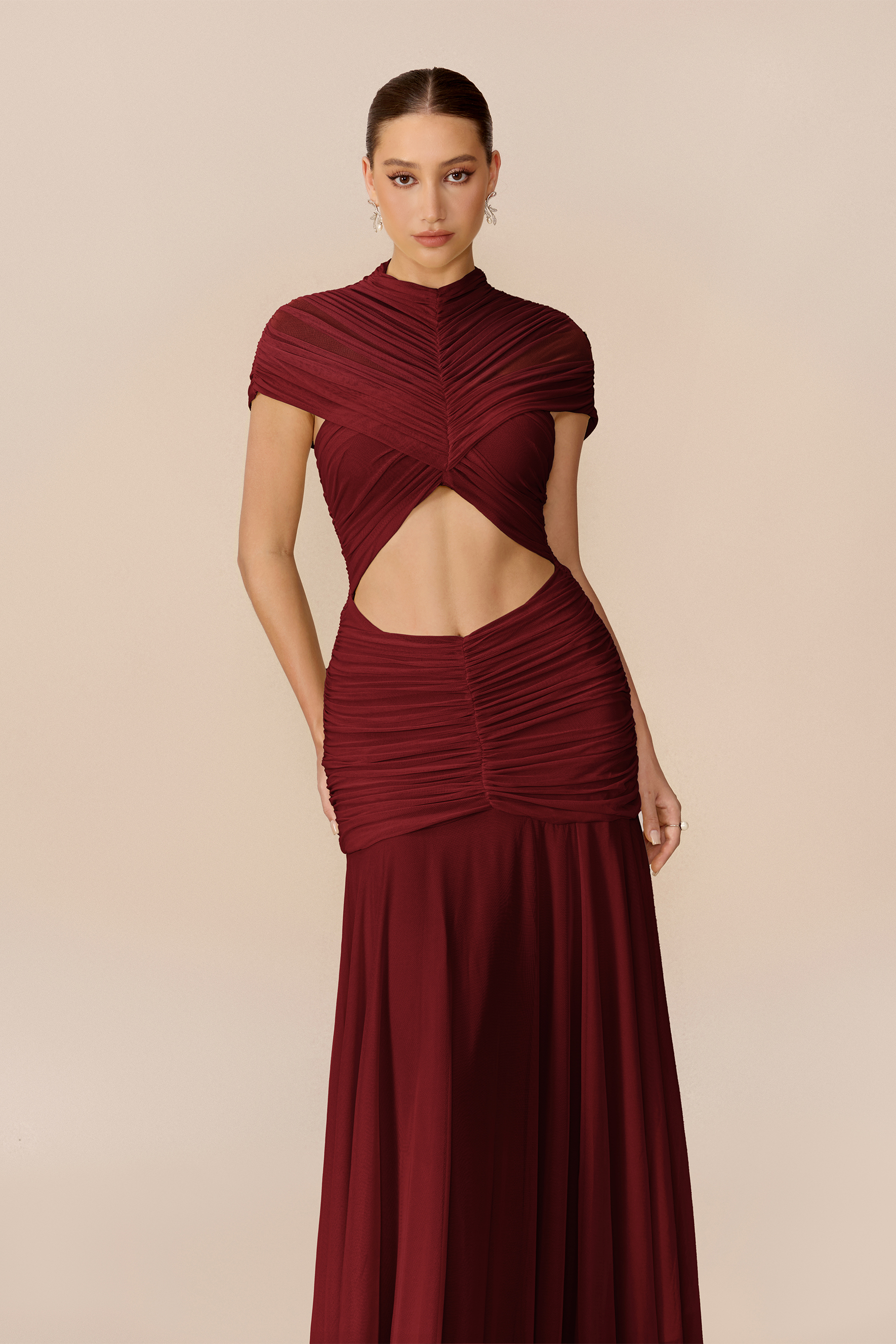 Out Of The Ordinary Burgundy Cap Sleeve Cutout Maxi Dress