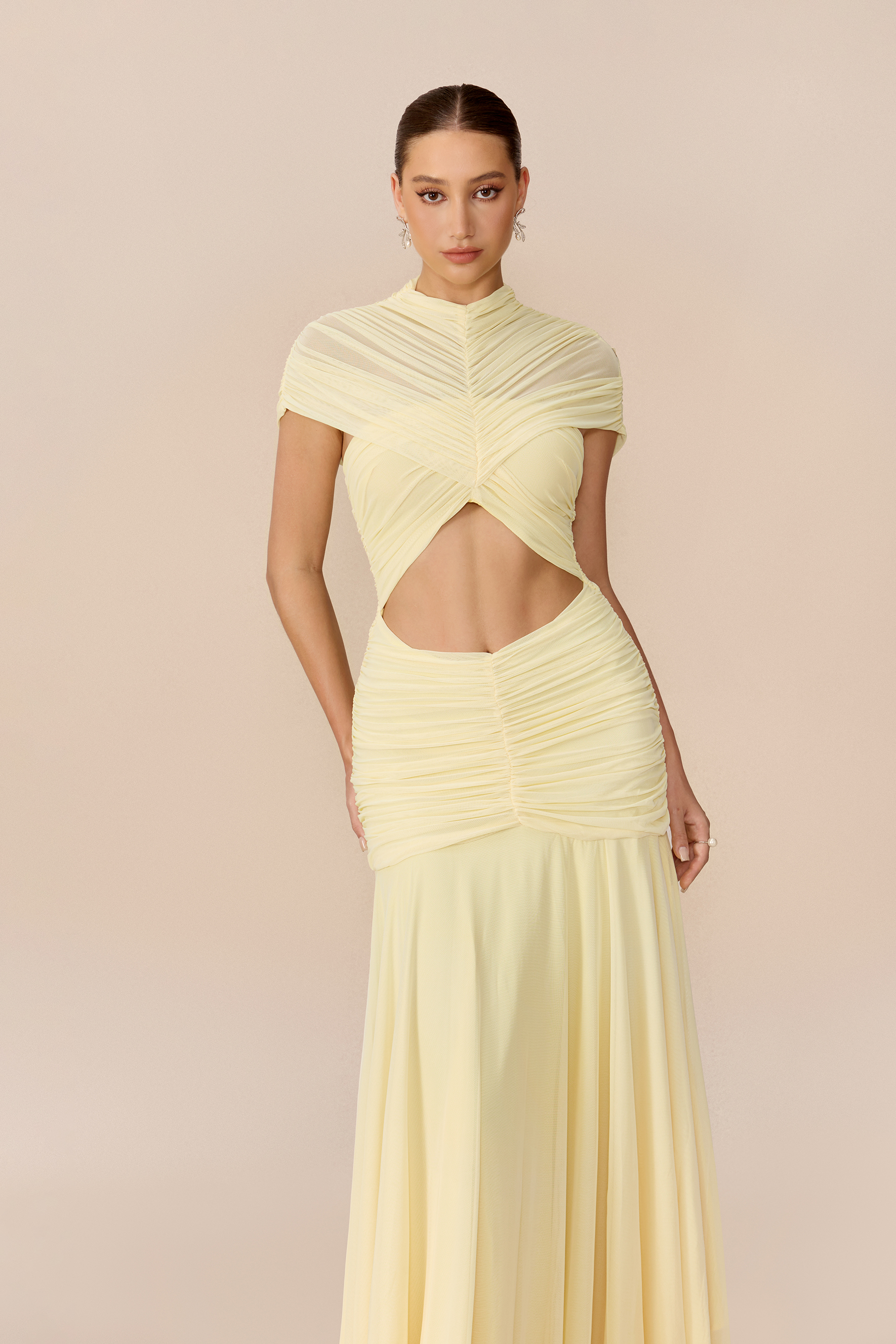 Out Of The Ordinary Light Yellow Cap Sleeve Cutout Maxi Dress