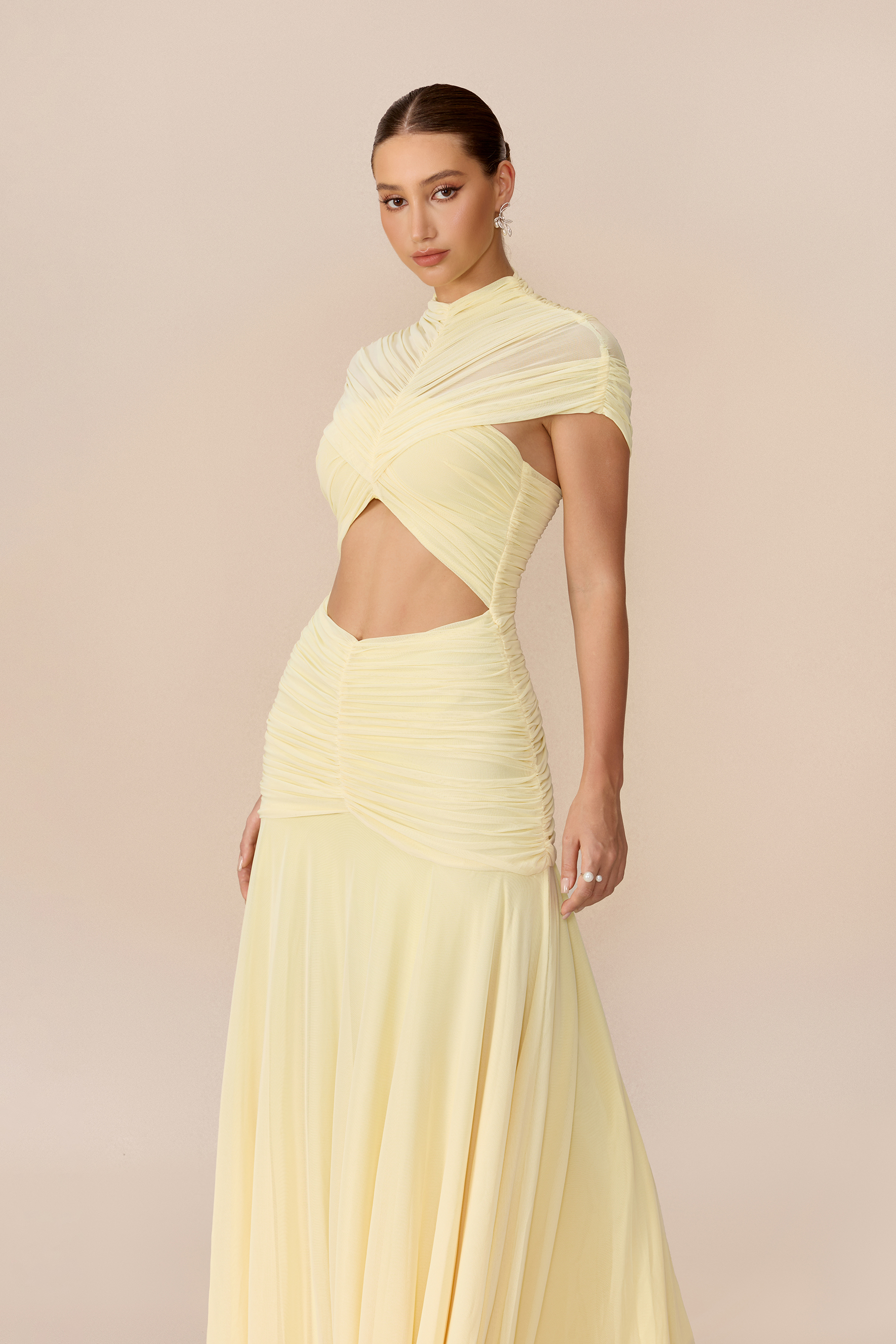 Out Of The Ordinary Light Yellow Cap Sleeve Cutout Maxi Dress