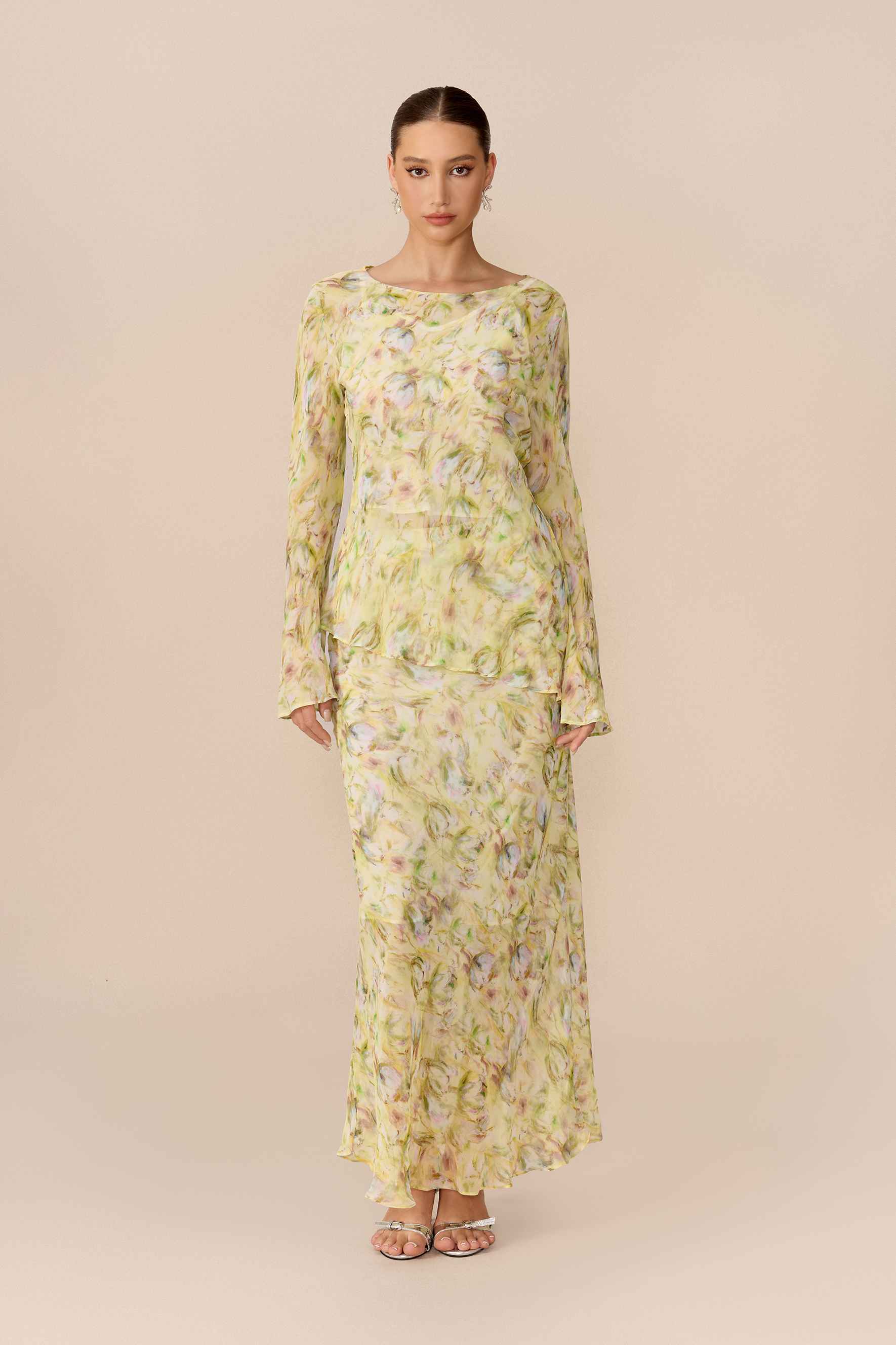 Spring Affair Yellow Floral Print Flare Sleeve Top & Skirt Set