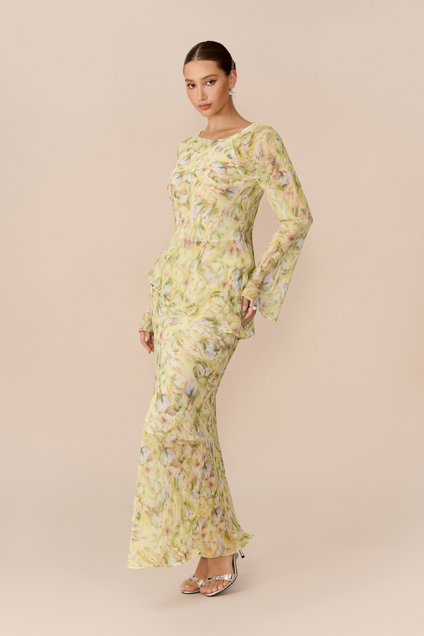 Spring Affair Yellow Floral Print Flare Sleeve Top & Skirt Set