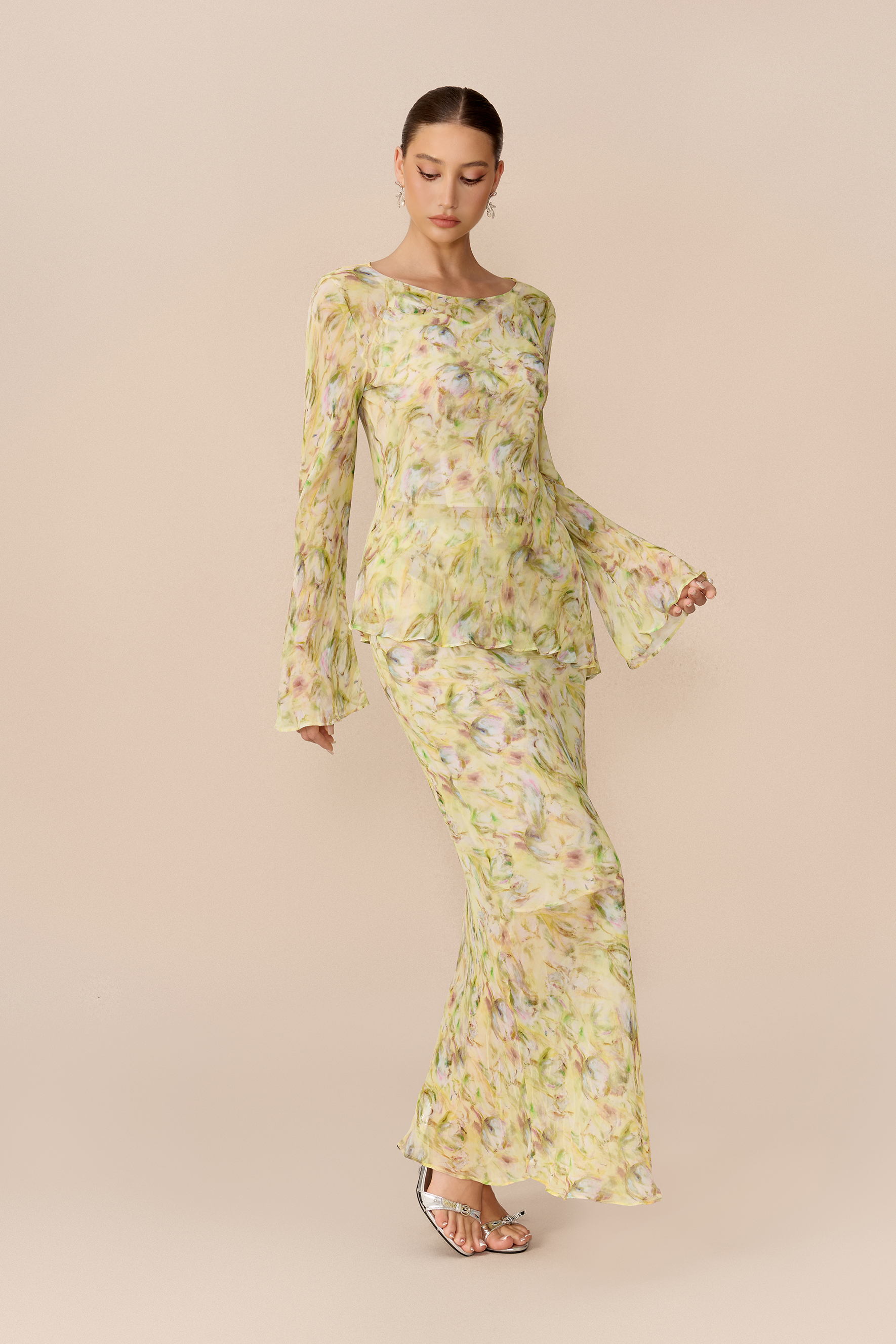 Spring Affair Yellow Floral Print Flare Sleeve Top & Skirt Set