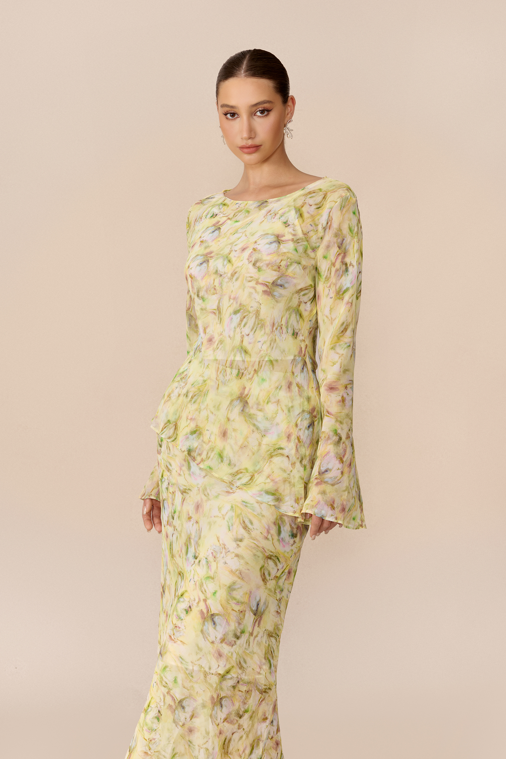 Spring Affair Yellow Floral Print Flare Sleeve Top & Skirt Set
