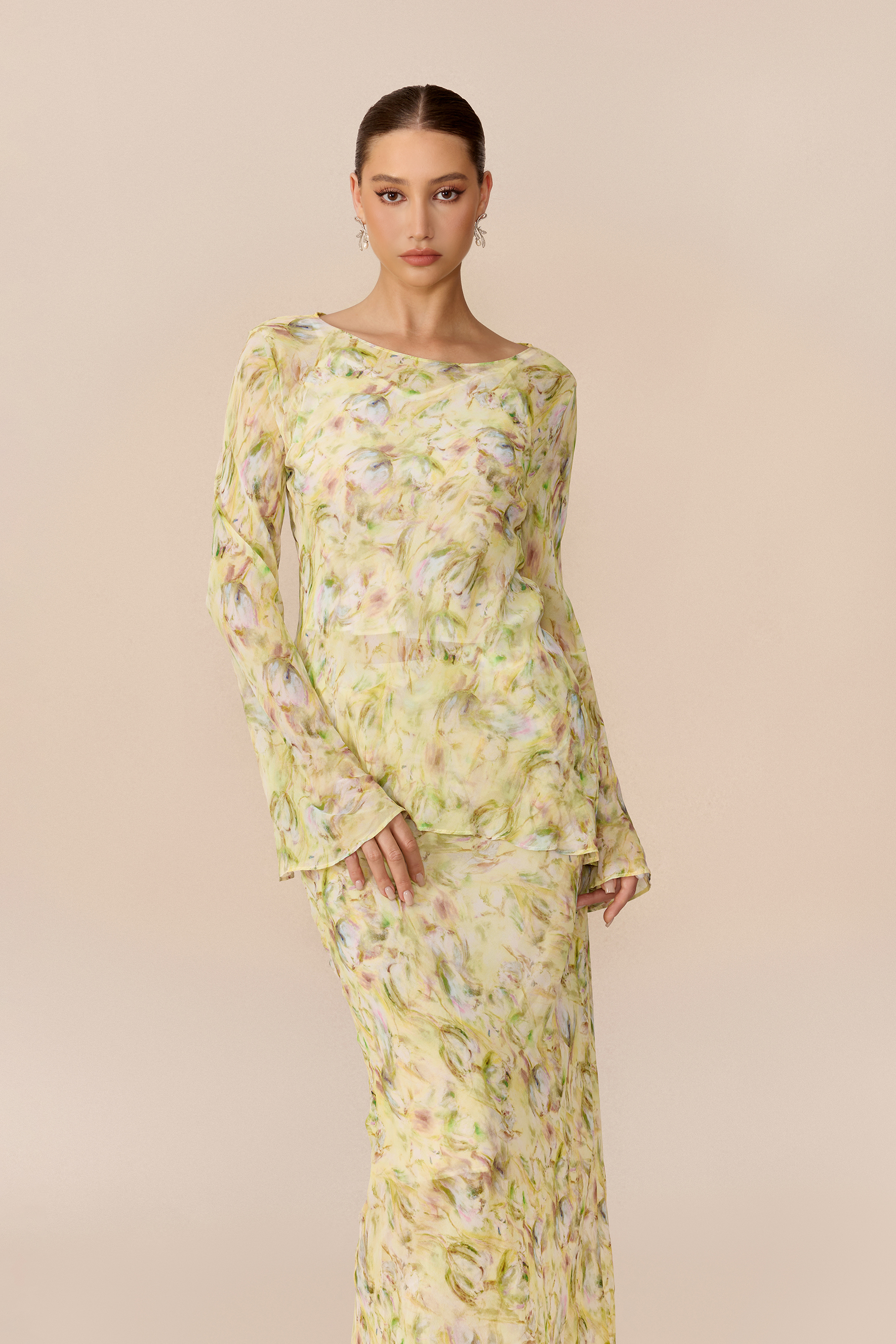 Spring Affair Yellow Floral Print Flare Sleeve Top & Skirt Set