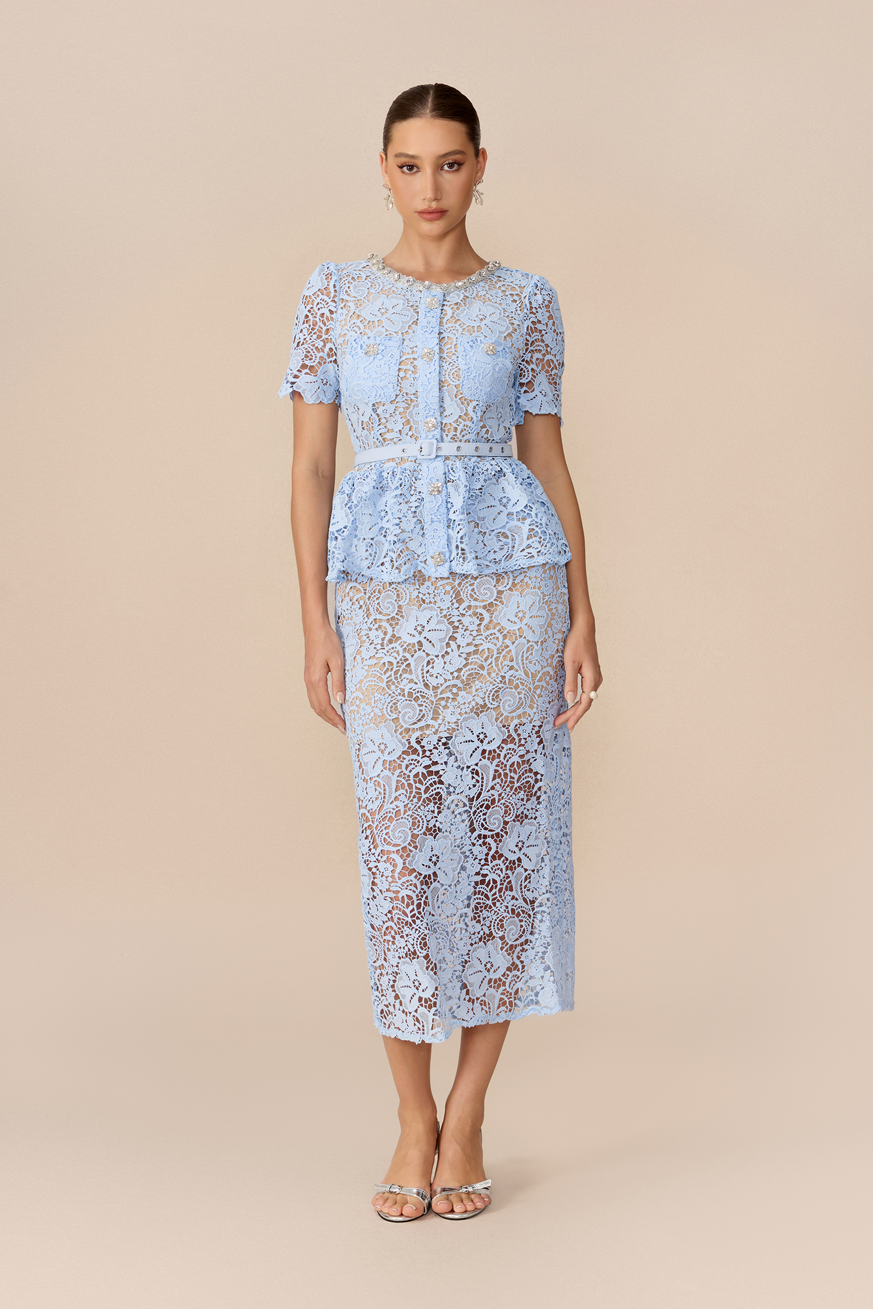 Make An Entrance Blue Floral Lace Rhinestone Trim Midi Dress