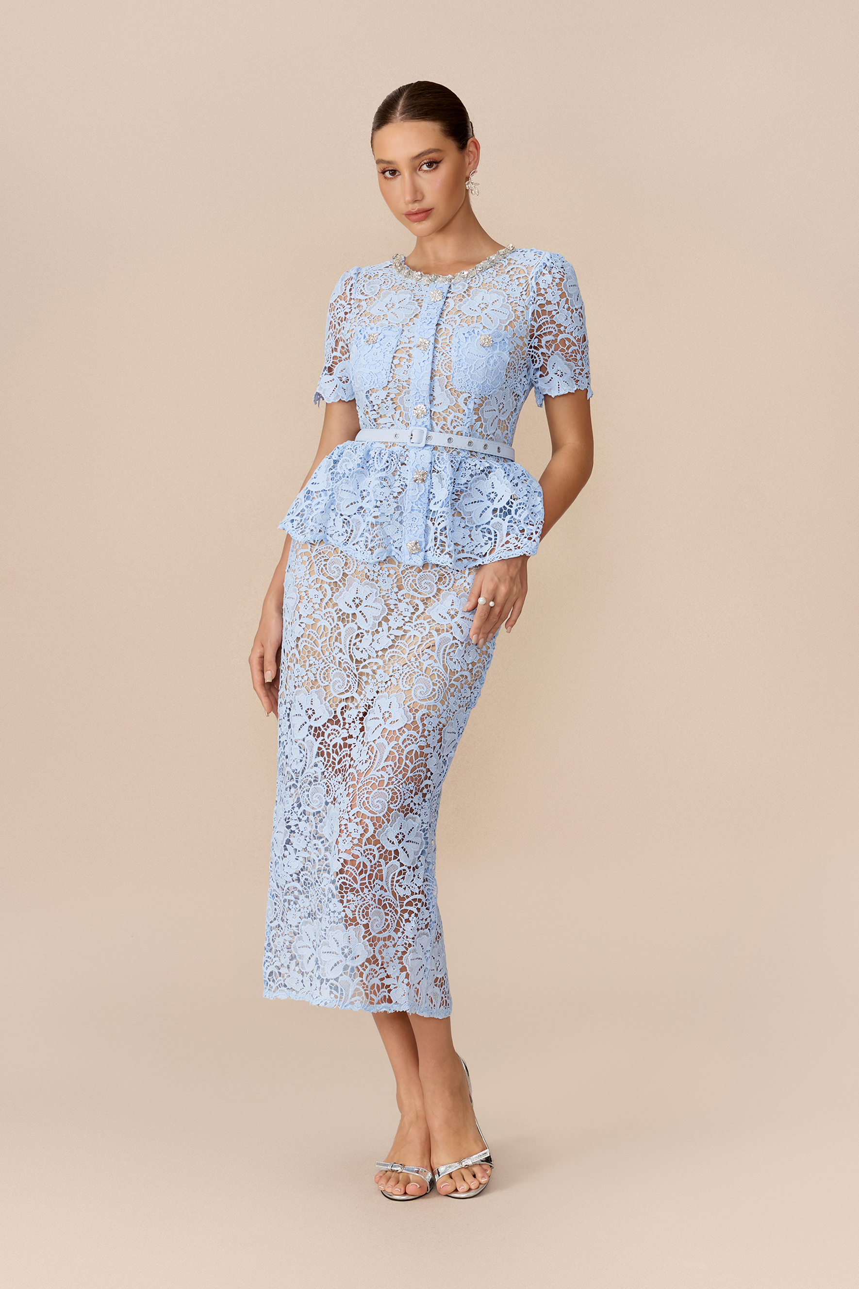Make An Entrance Blue Floral Lace Rhinestone Trim Midi Dress