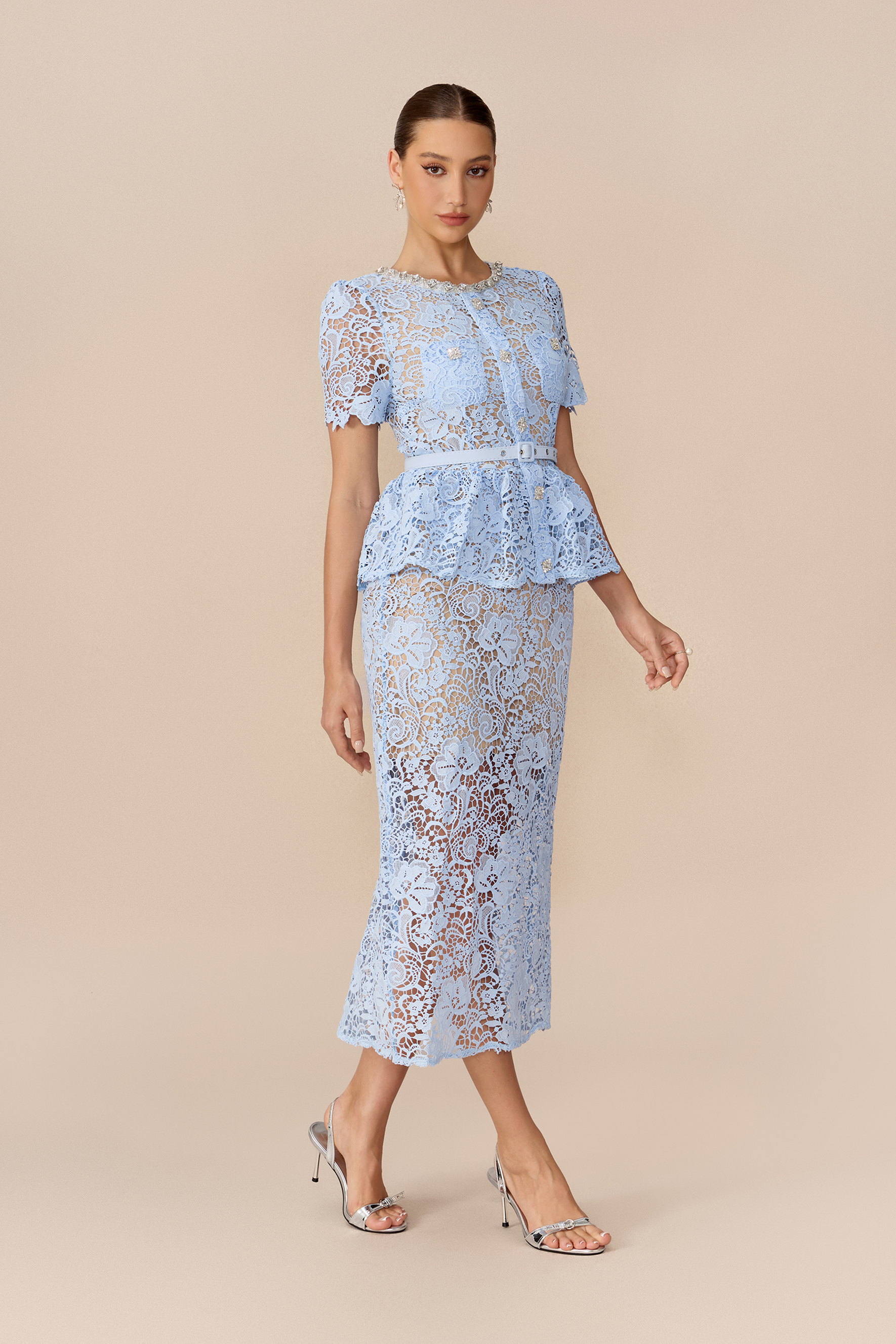 Make An Entrance Blue Floral Lace Rhinestone Trim Midi Dress