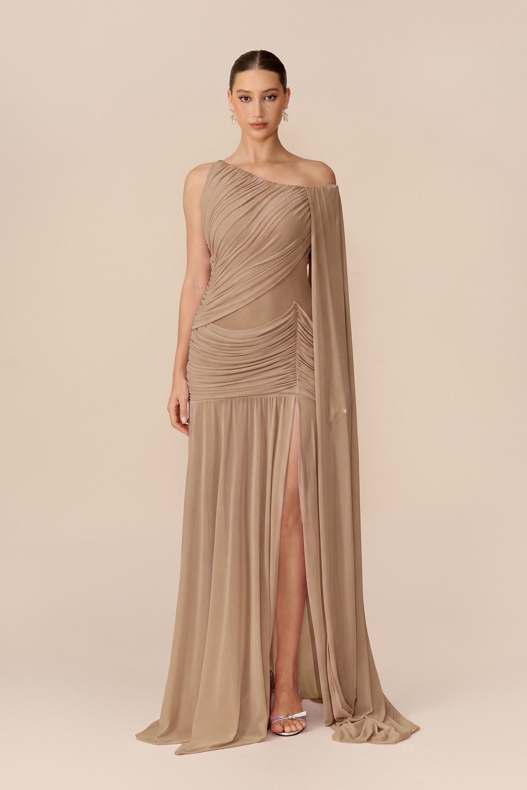 Romantic Drama Khaki Asymmetrical Cape Sleeve Maxi Dress