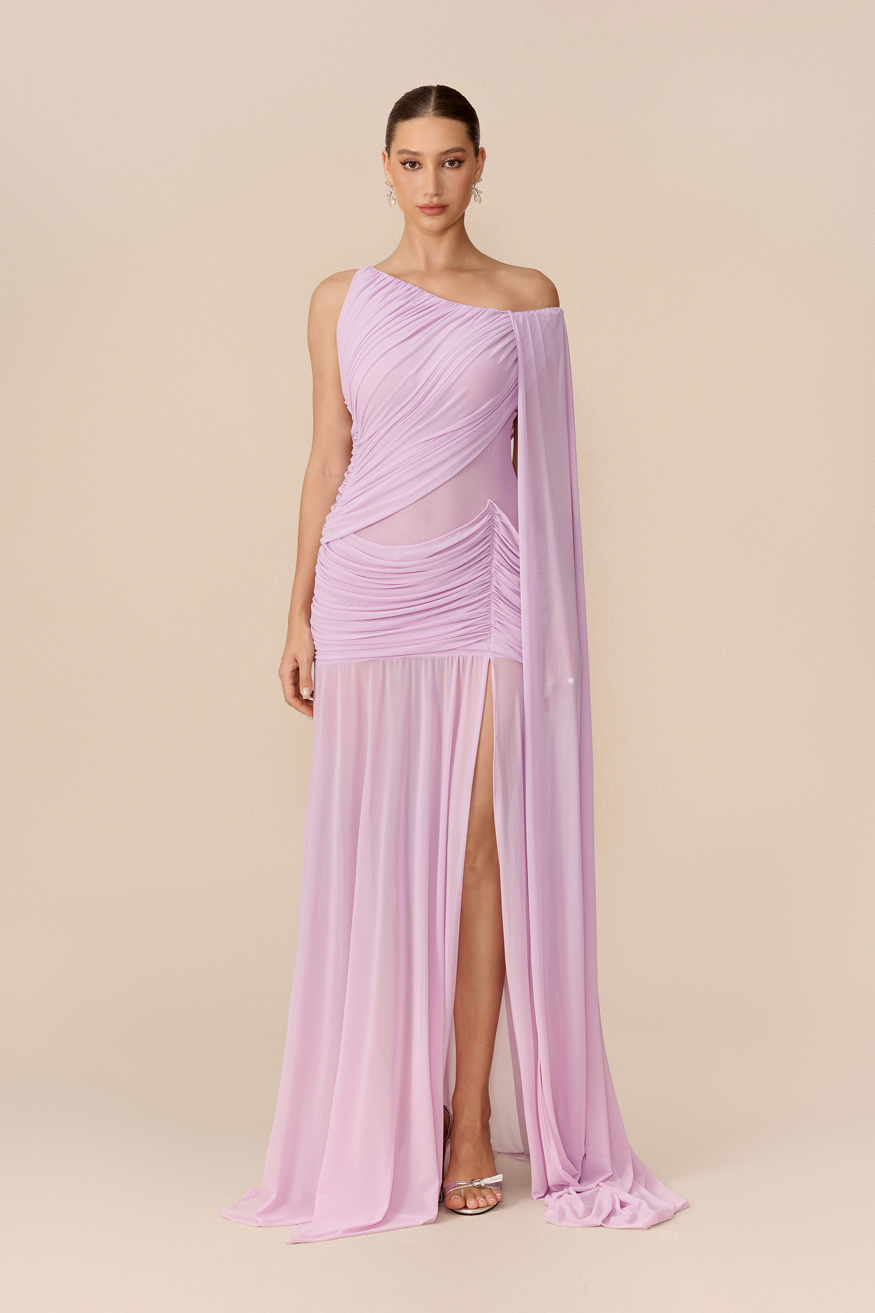 Romantic Drama Viola Asymmetrical Cape Sleeve Maxi Dress
