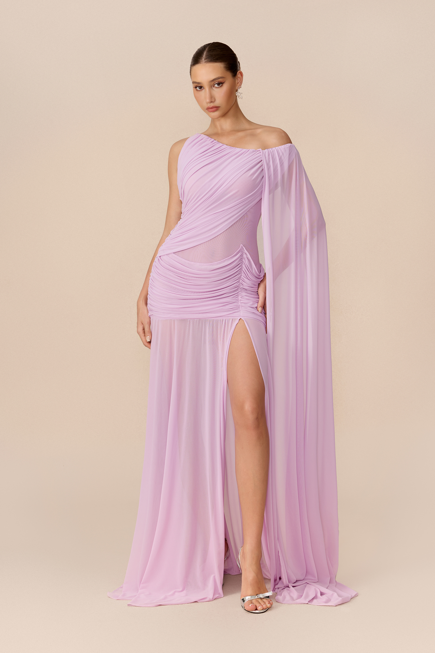 Romantic Drama Viola Asymmetrical Cape Sleeve Maxi Dress