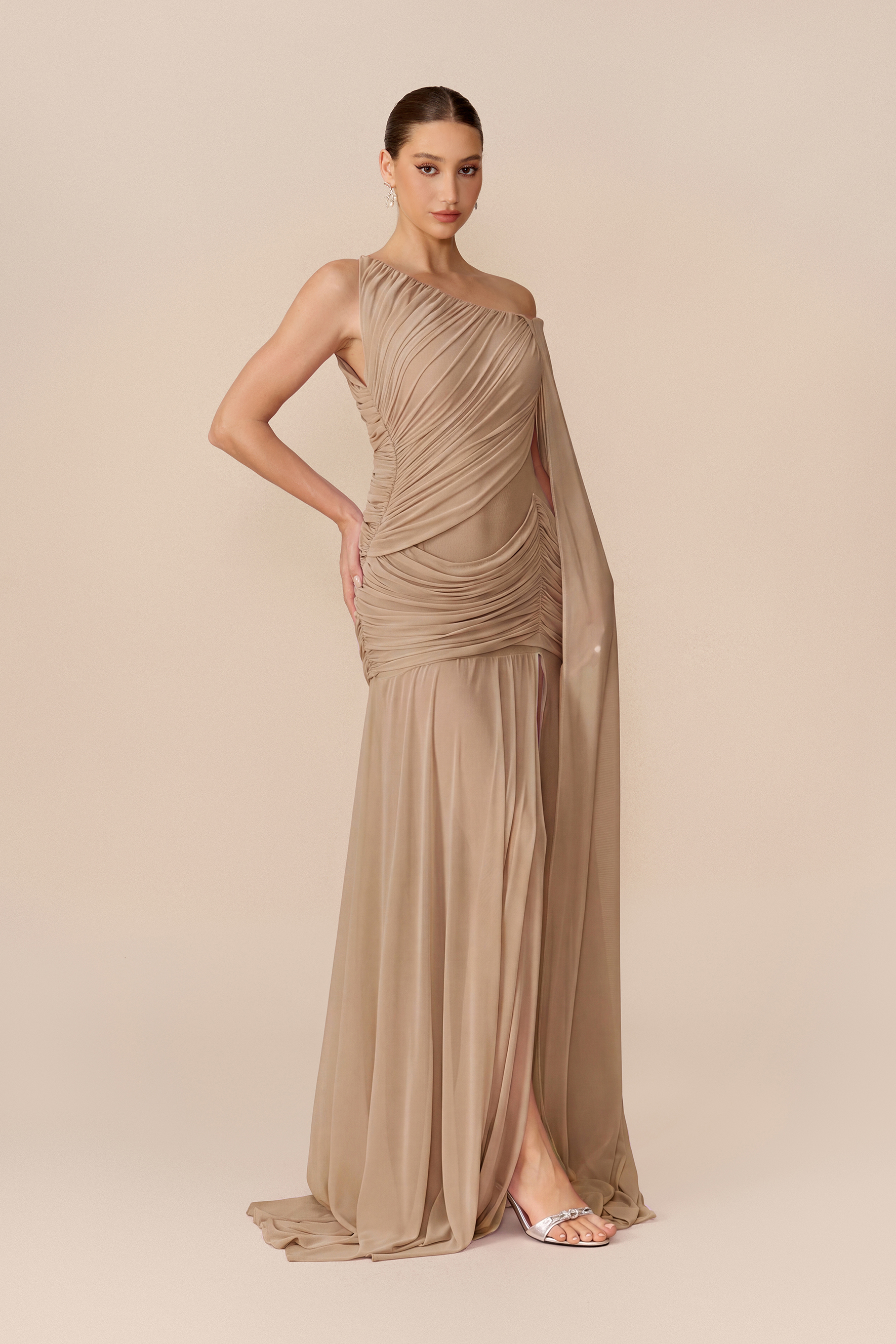 Romantic Drama Khaki Asymmetrical Cape Sleeve Maxi Dress