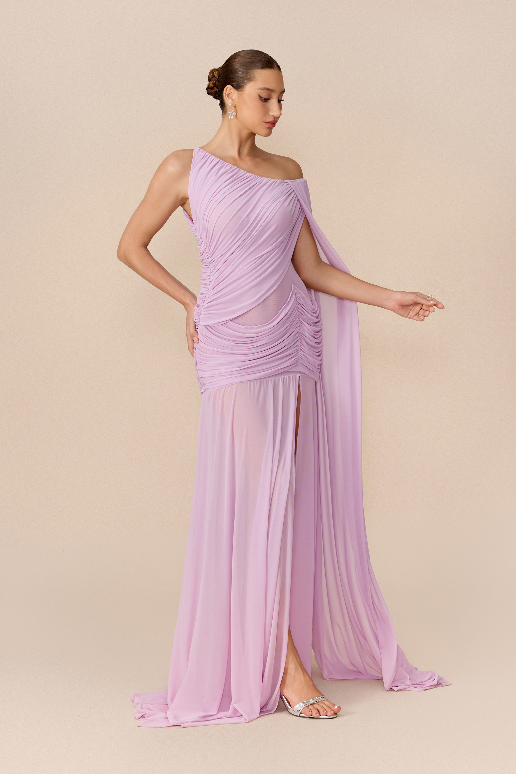 Romantic Drama Viola Asymmetrical Cape Sleeve Maxi Dress