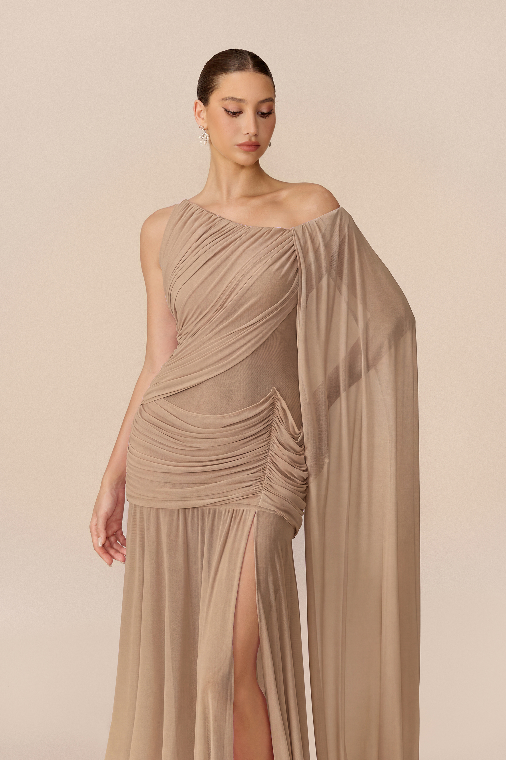 Romantic Drama Khaki Asymmetrical Cape Sleeve Maxi Dress