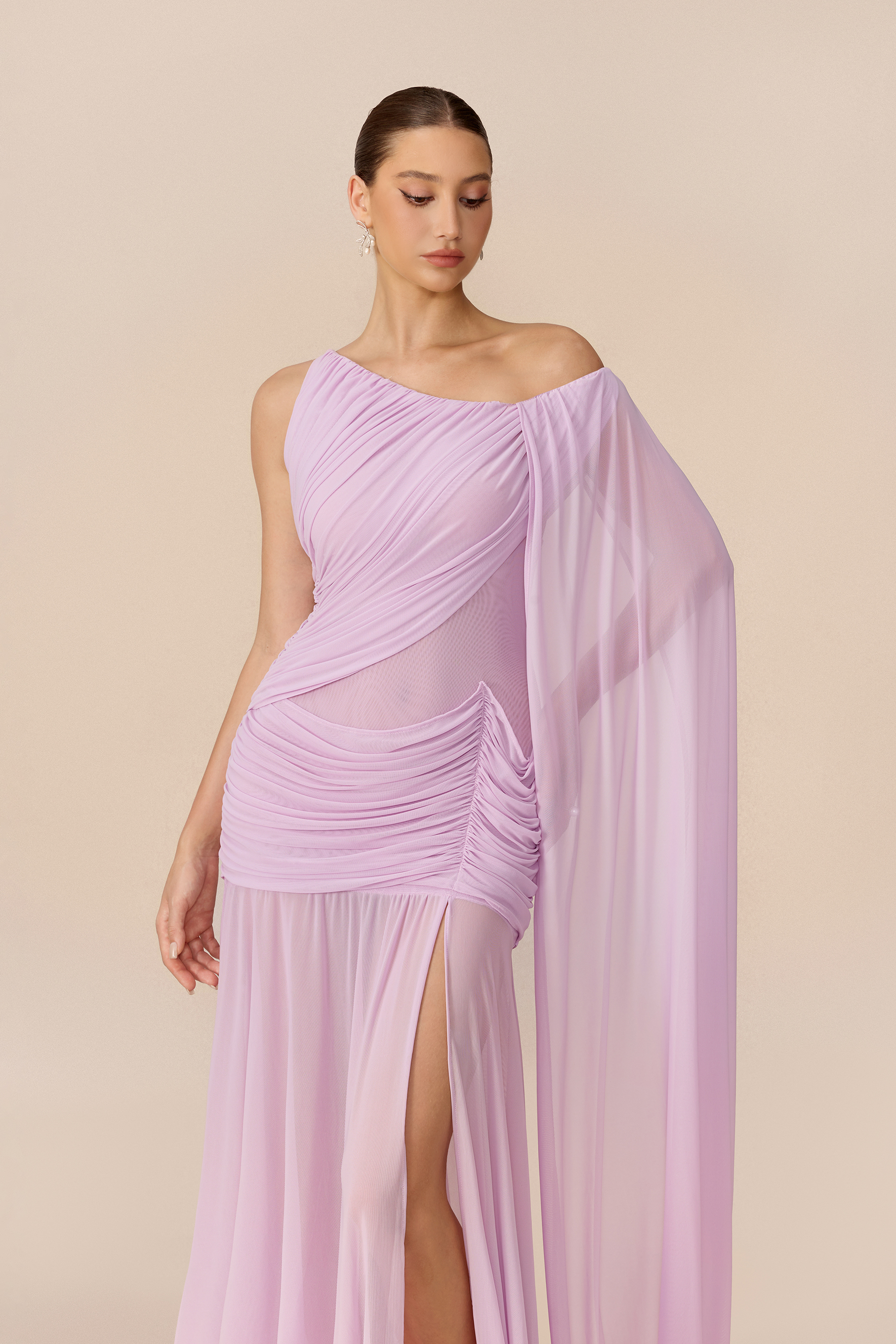 Romantic Drama Viola Asymmetrical Cape Sleeve Maxi Dress