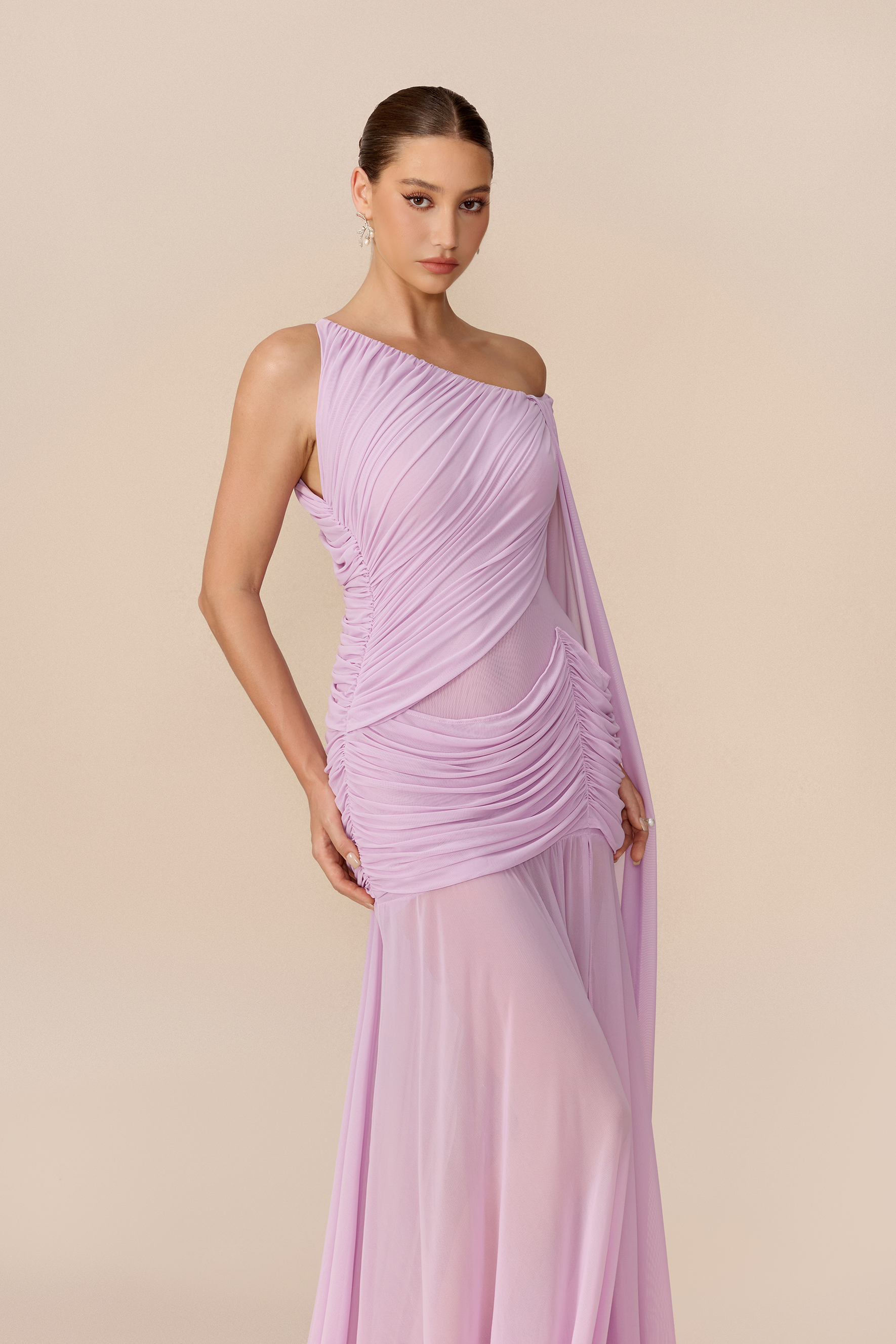Romantic Drama Viola Asymmetrical Cape Sleeve Maxi Dress