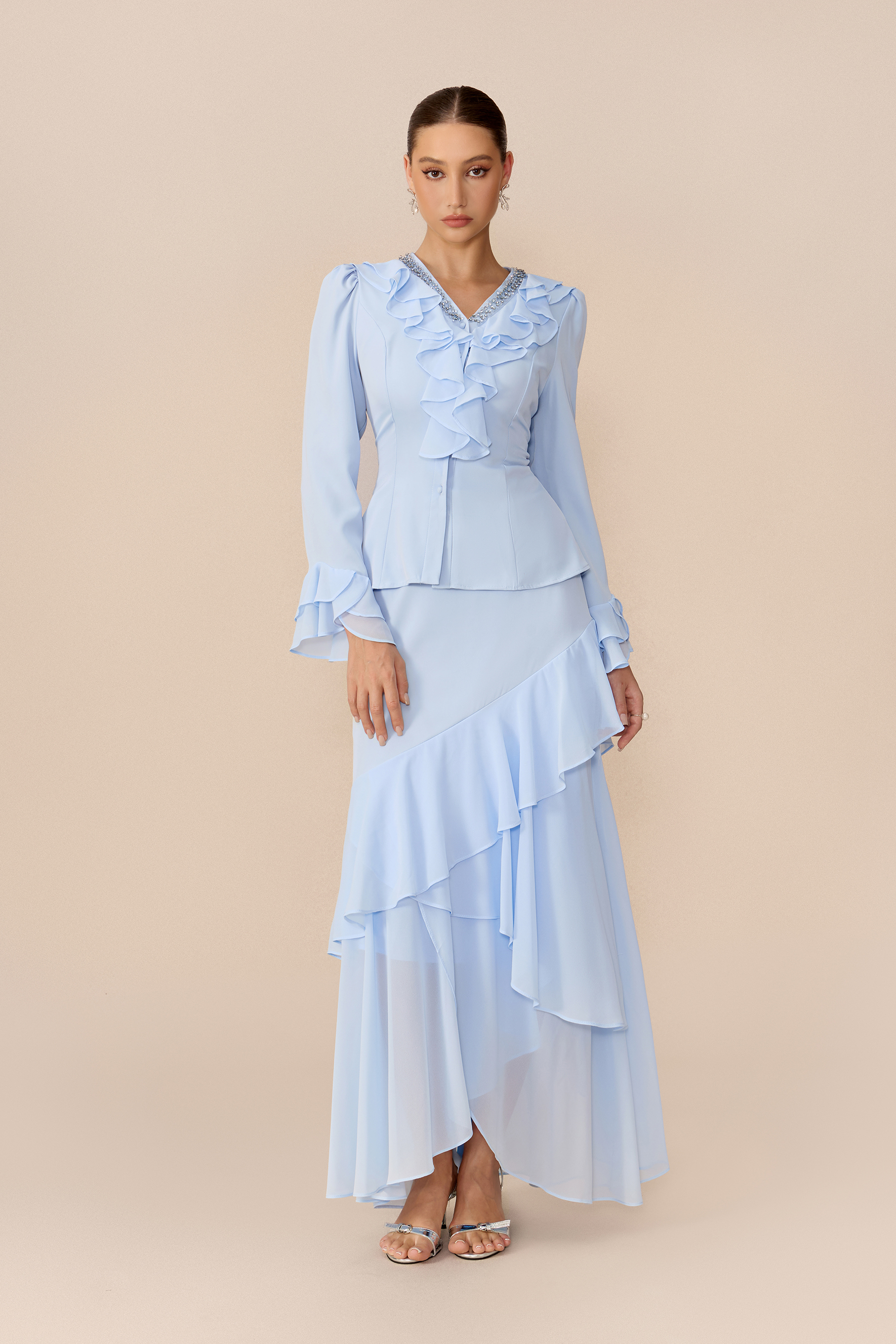 First Impression Blue Crystal Trim V Neck Top & Ruffle Skirt Set