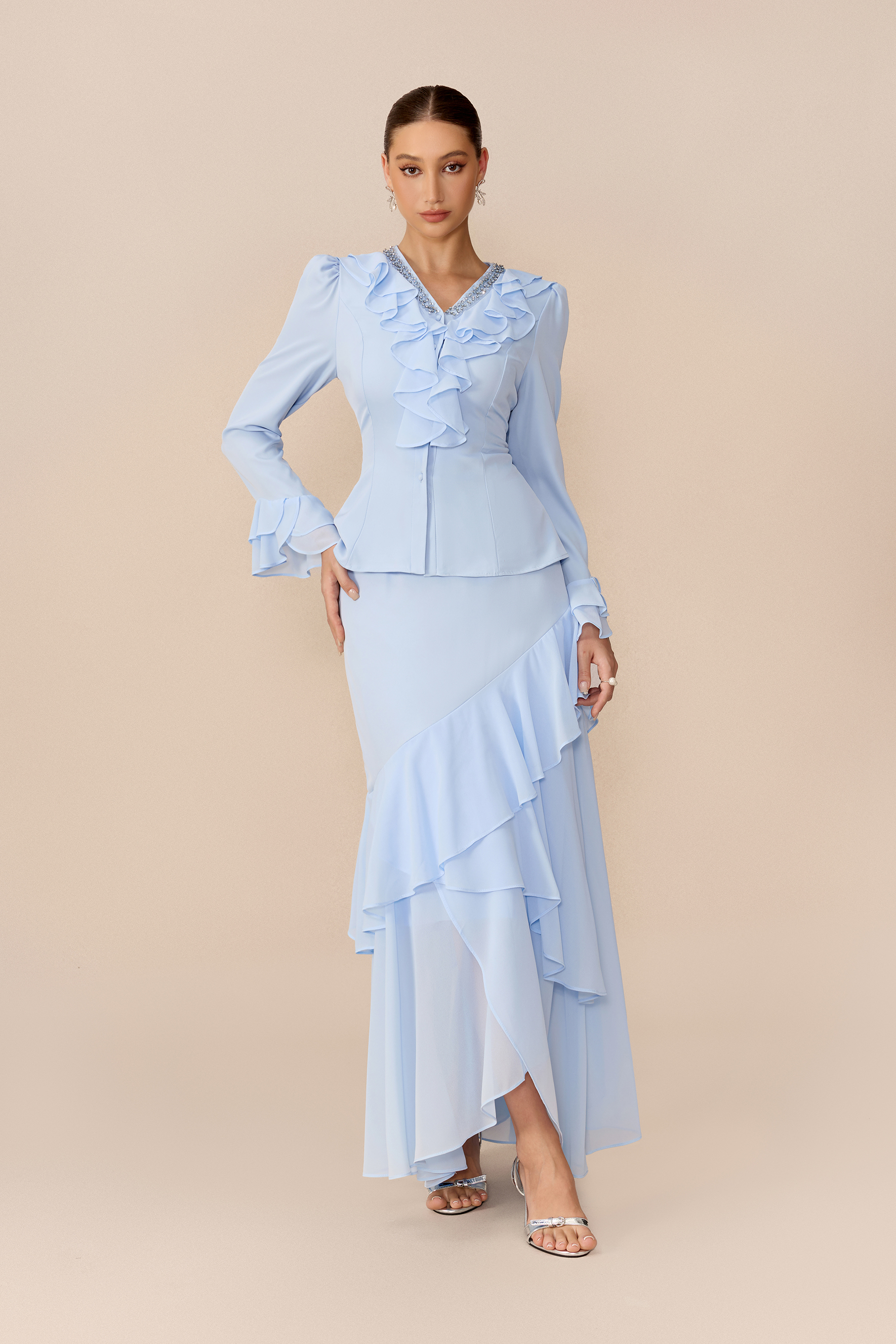 First Impression Blue Crystal Trim V Neck Top & Ruffle Skirt Set