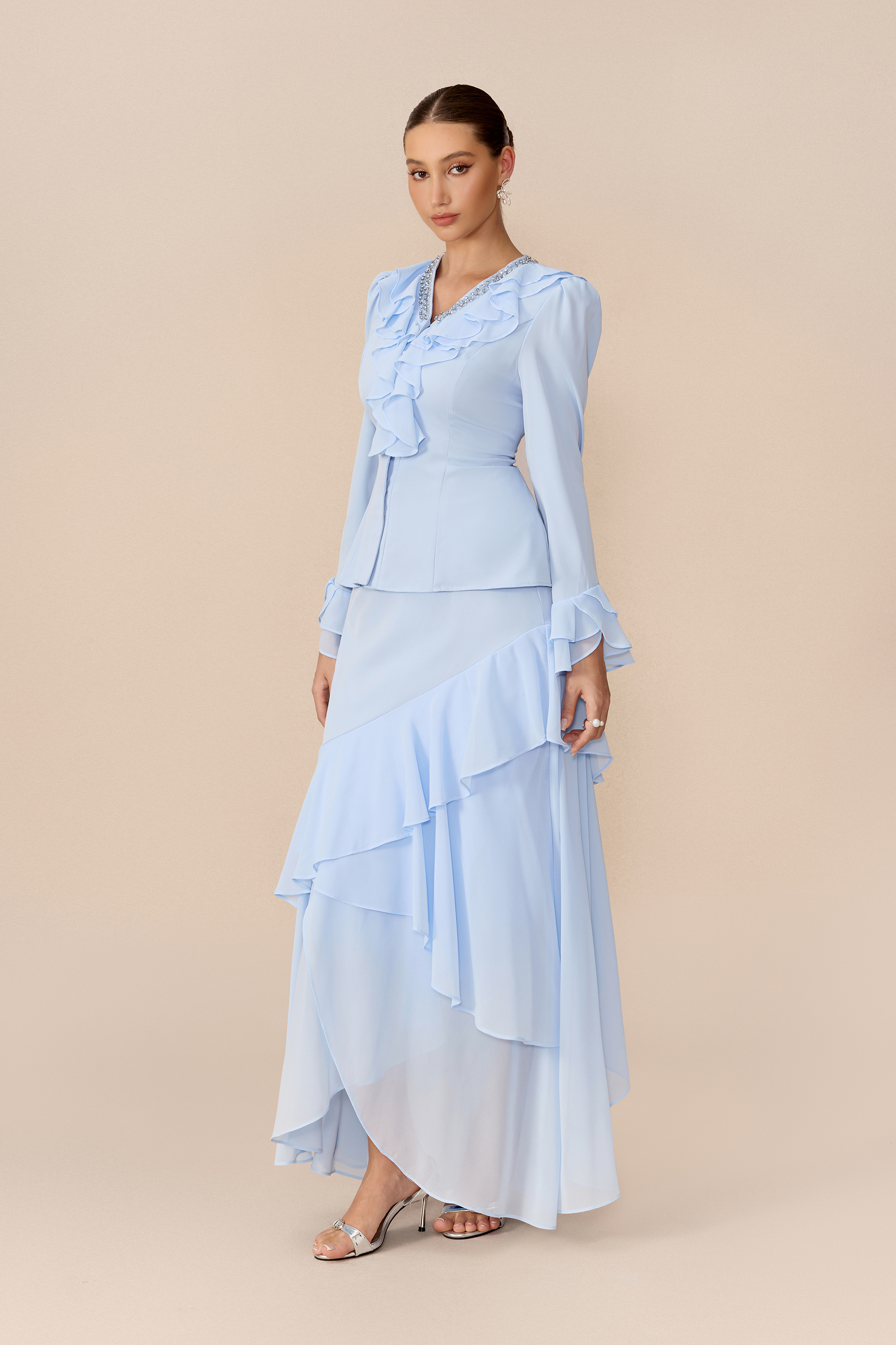 First Impression Blue Crystal Trim V Neck Top & Ruffle Skirt Set