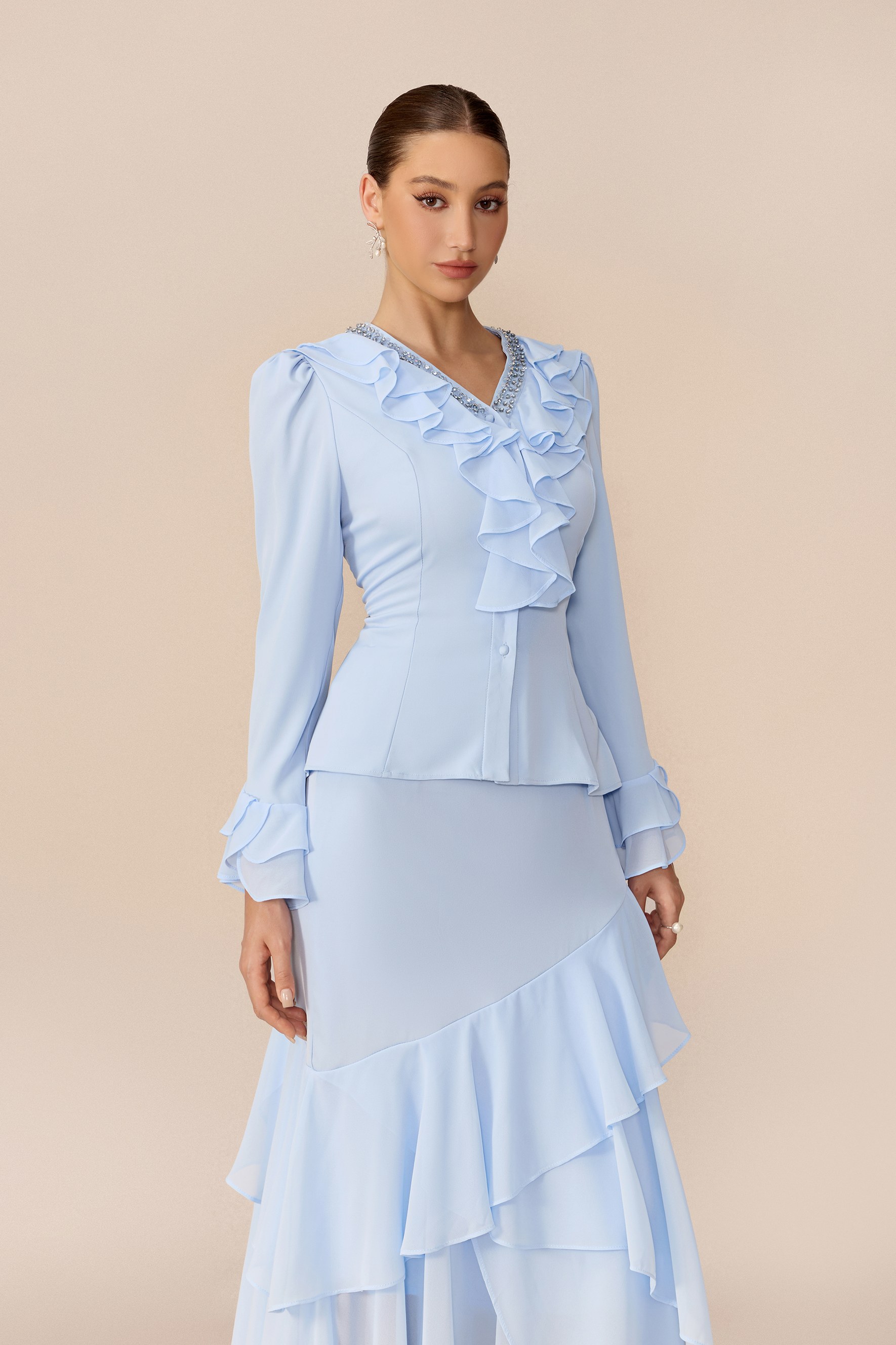 First Impression Blue Crystal Trim V Neck Top & Ruffle Skirt Set