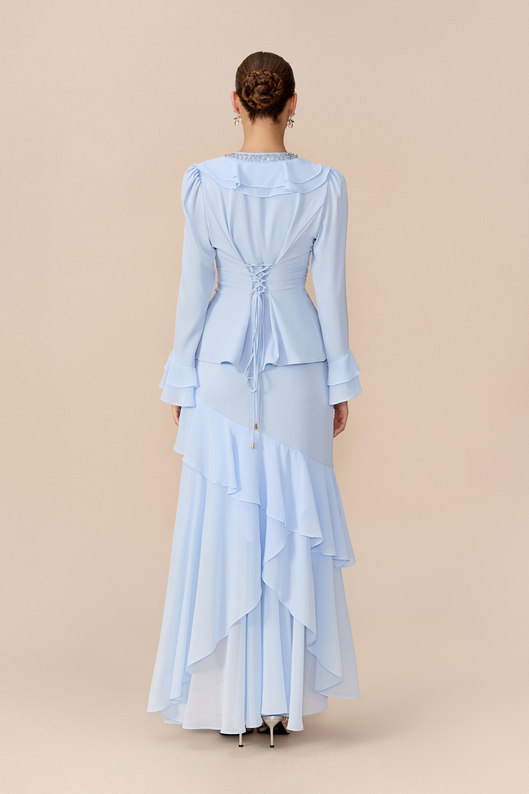 First Impression Blue Crystal Trim V Neck Top & Ruffle Skirt Set