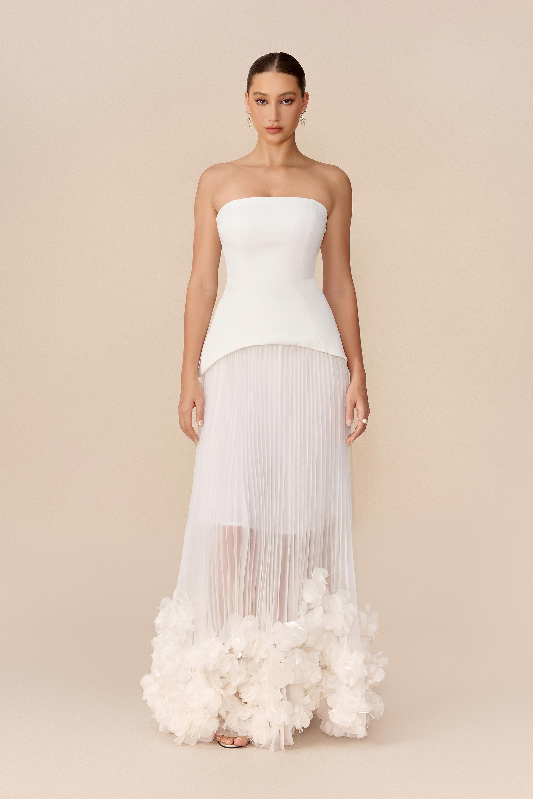 Charming Choice White Asymmetric Strapless Top & Floral Applique Skirt Set