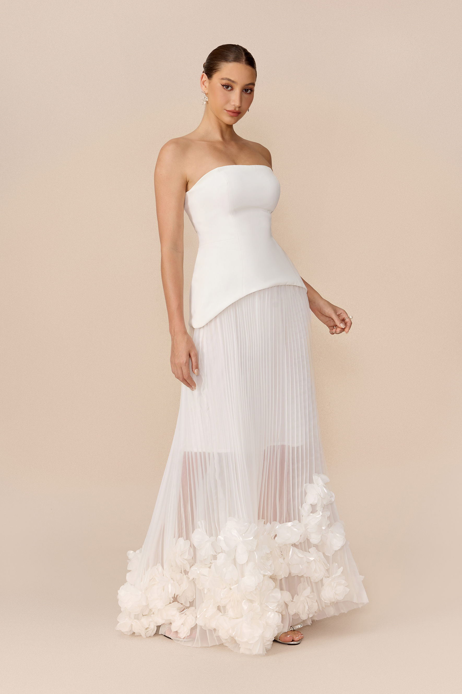 Charming Choice White Asymmetric Strapless Top & Floral Applique Skirt Set