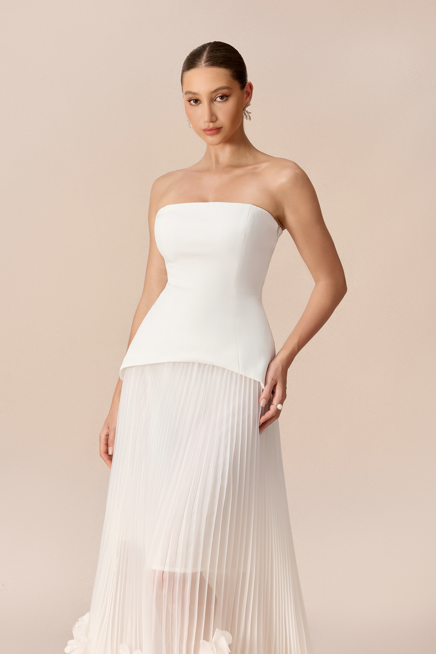 Charming Choice White Asymmetric Strapless Top & Floral Applique Skirt Set