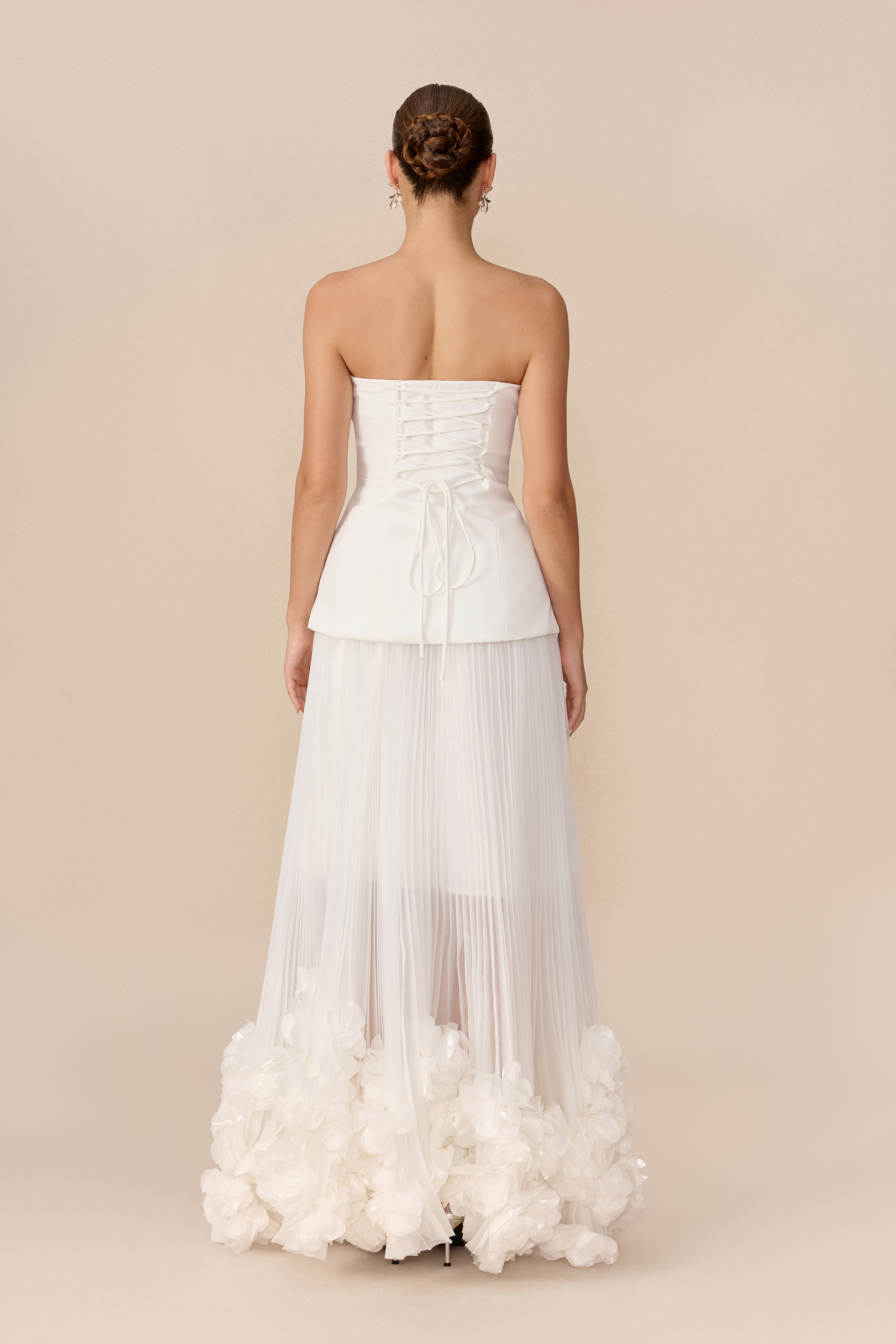 Charming Choice White Asymmetric Strapless Top & Floral Applique Skirt Set