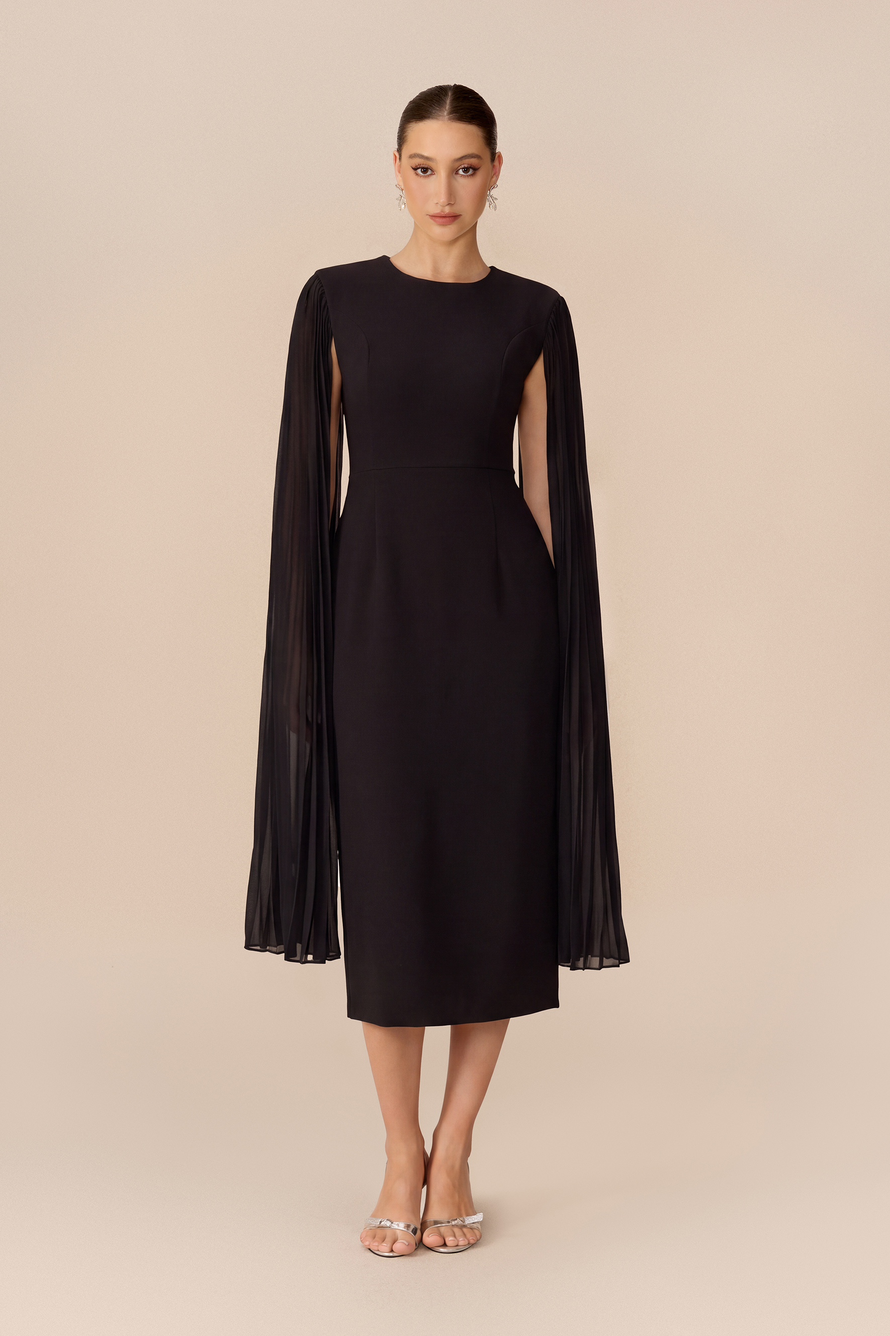 Pure Elegance Black Pleated Cape Round Neck Midi Dress